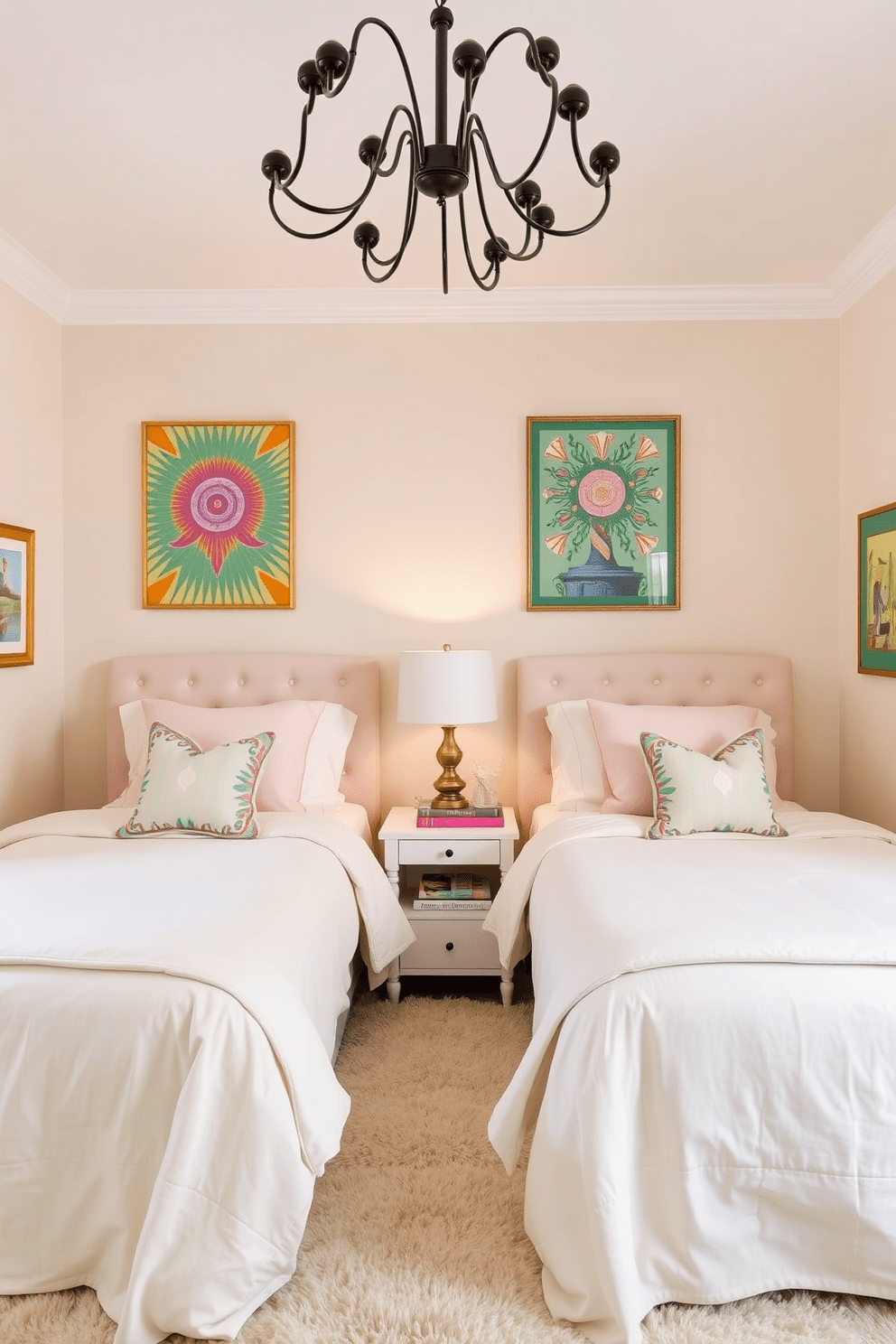 A twin bedroom featuring two matching beds dressed in soft pastel linens. The walls are adorned with colorful wall art that creates focal points, adding personality and charm to the space. In between the beds, a shared nightstand holds a stylish lamp and decorative books. A plush area rug underfoot adds warmth, while a whimsical ceiling light fixture enhances the overall design.