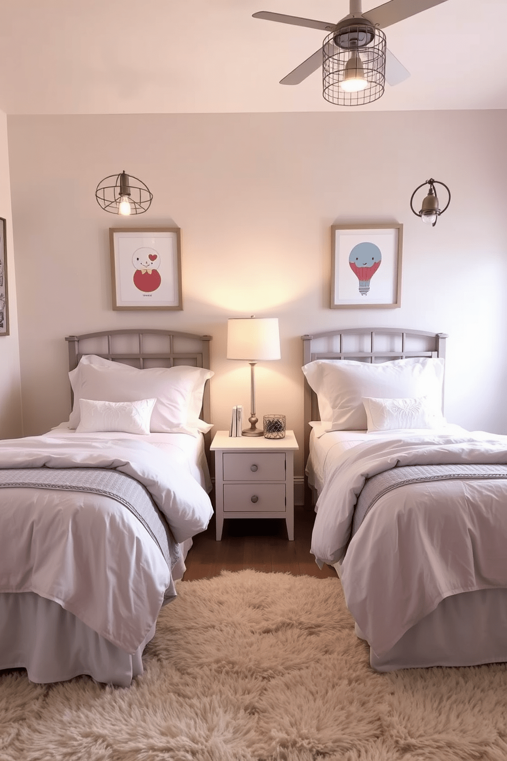 A charming twin bedroom design featuring two cozy beds dressed in soft pastel linens. Above each bed, whimsical lighting fixtures create a playful atmosphere, casting a warm glow throughout the room. The walls are adorned with cheerful artwork that complements the bedding, adding a touch of personality. A plush area rug anchors the space, while a small nightstand between the beds holds a decorative lamp and a stack of books.