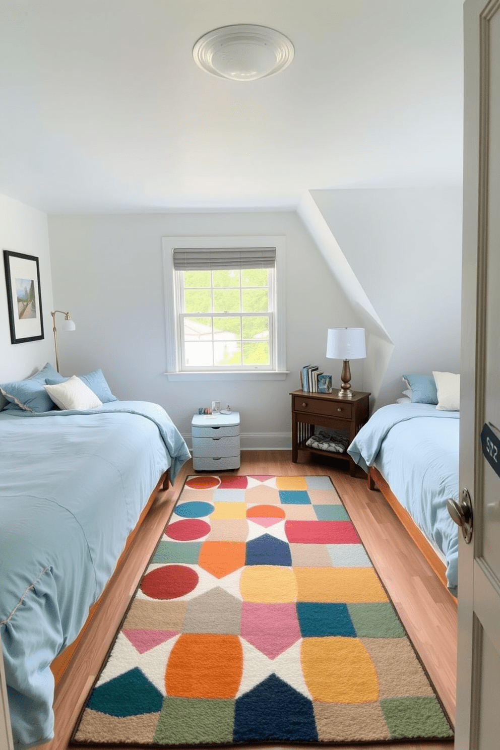 A cozy twin bedroom featuring two beds with soft blue bedding and plush pillows. The room includes a whimsical area rug with a colorful geometric pattern that adds a playful touch to the space. On one side of the room, a wooden nightstand holds a stylish lamp and a stack of books. The walls are painted in a light, airy color, and a large window lets in plenty of natural light, enhancing the cheerful atmosphere.