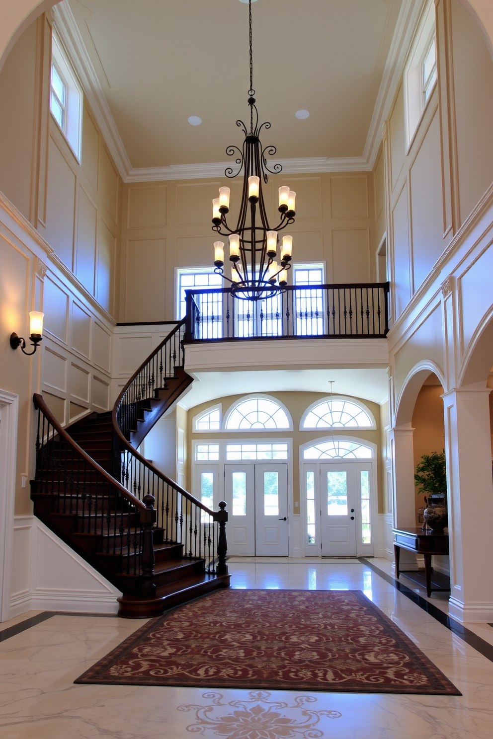 A grand two story foyer with soaring ceilings and an elegant chandelier as the focal point. The walls are adorned with wainscoting in a soft cream color, and a sweeping staircase with a dark wood banister leads to the upper level. Bold lighting fixtures hang strategically to create a dramatic atmosphere, illuminating the space with a warm glow. The foyer is complemented by a large area rug featuring intricate patterns that add texture and warmth to the polished marble floor.