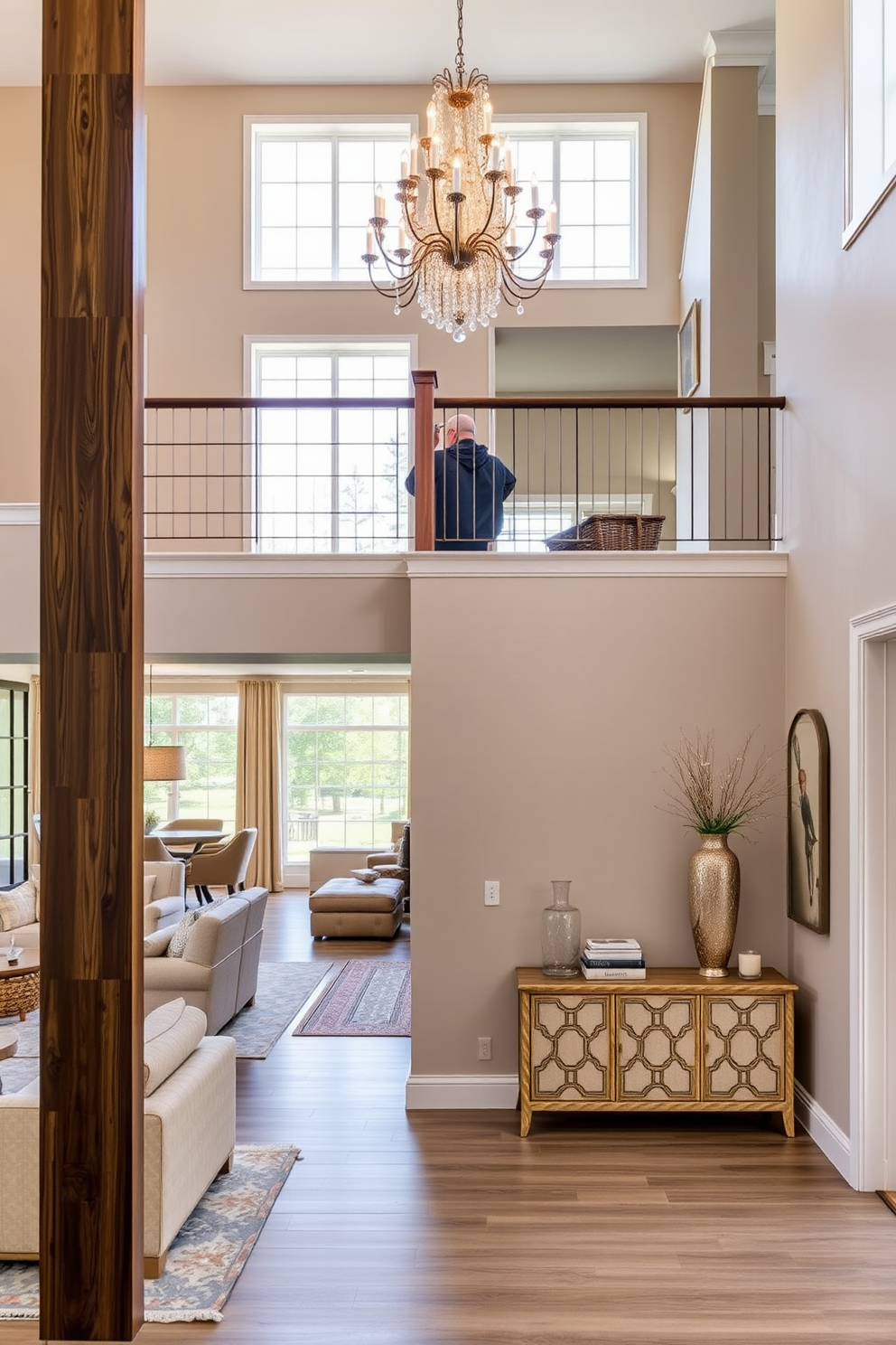 Open floor plan for spacious feel. The living area seamlessly connects to the dining space, filled with natural light from large windows. Two story foyer design ideas. A grand chandelier hangs from the high ceiling, while a stylish console table is placed against the wall, adorned with decorative accents.