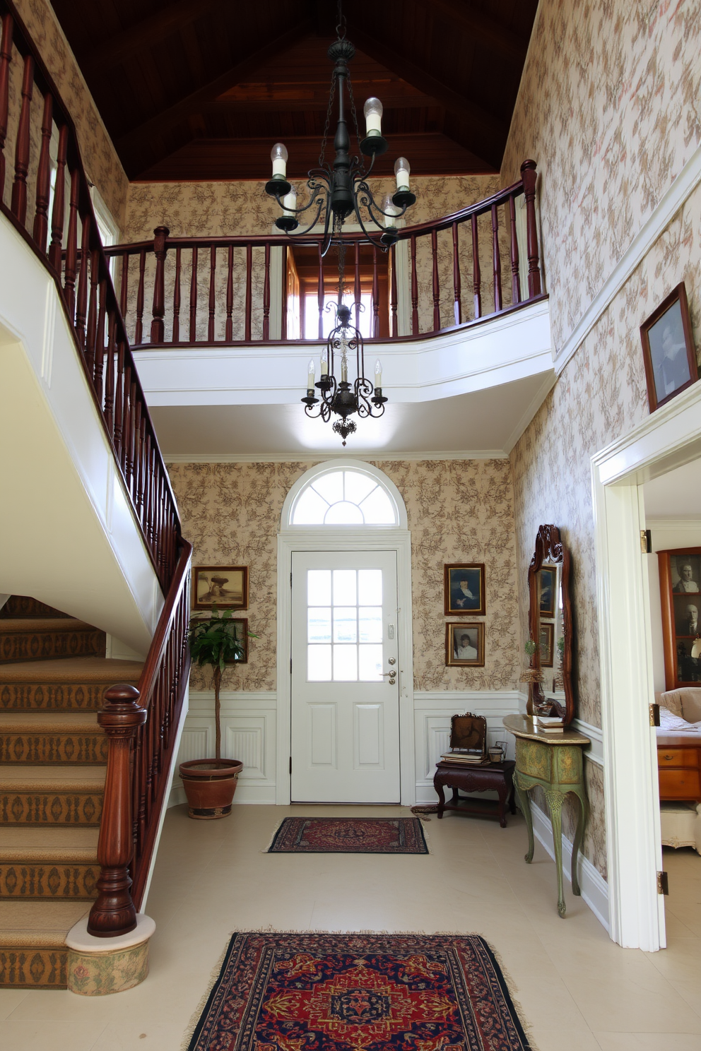 A two story foyer with vintage elements that exude character and charm. The space features a grand staircase with an ornate wooden banister and a vintage chandelier hanging from the ceiling. Antique furniture pieces, such as a distressed console table and a decorative mirror, add warmth to the entrance. The walls are adorned with vintage wallpaper and framed family portraits, creating a welcoming atmosphere.