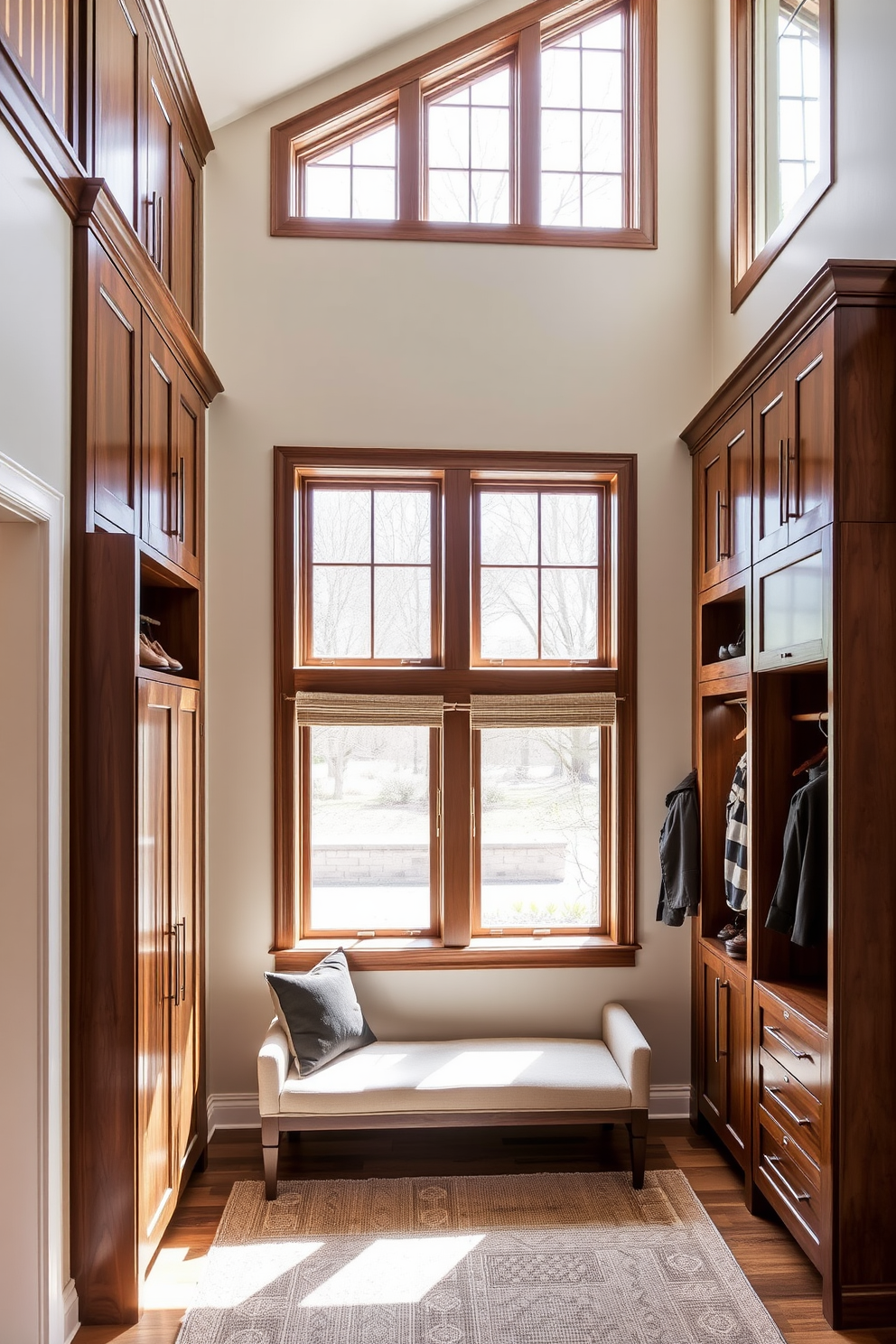 A spacious two story foyer featuring custom built-in storage solutions. The design includes elegant cabinetry that blends seamlessly into the architecture, providing ample space for shoes and coats. Natural light floods the area through large windows, highlighting the rich wood tones of the storage. A stylish bench sits below the windows, inviting guests to sit and remove their shoes in comfort.