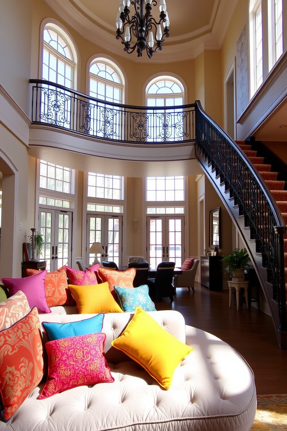 Colorful cushions are scattered across a plush seating area, adding vibrancy and comfort to the space. The cushions feature various patterns and textures, complementing the neutral tones of the surrounding furniture. The two-story foyer boasts a grand staircase with an elegant railing, creating a stunning focal point. Large windows allow natural light to flood the space, highlighting the intricate details of the architecture.