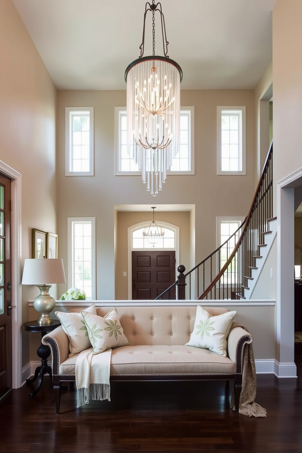 A welcoming bench is placed against the wall in the foyer, upholstered in a soft fabric that complements the surrounding decor. Decorative cushions add comfort while a stylish throw drapes over one side, enhancing the inviting atmosphere. The two-story foyer features a grand chandelier that cascades down from the ceiling, illuminating the space below. Tall windows on either side allow natural light to flood in, highlighting the elegant staircase that leads to the upper level.