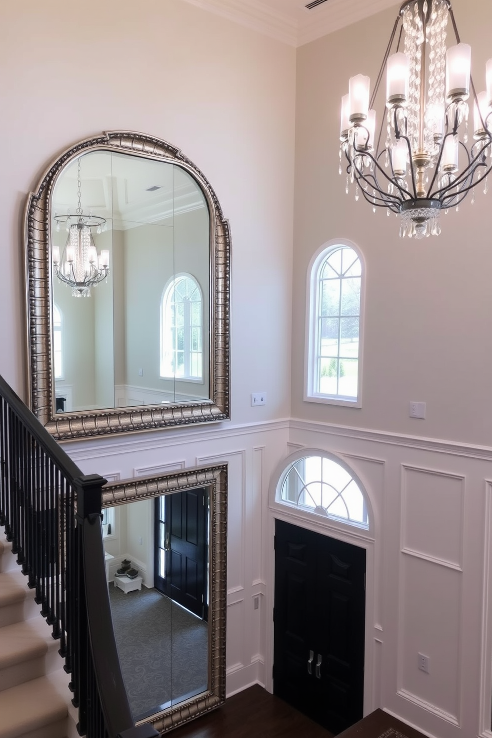 A grand two story foyer features a large statement mirror that reflects natural light and adds depth to the space. The walls are adorned with elegant wainscoting, and a stunning chandelier hangs from the ceiling, creating a focal point that draws the eye upward.