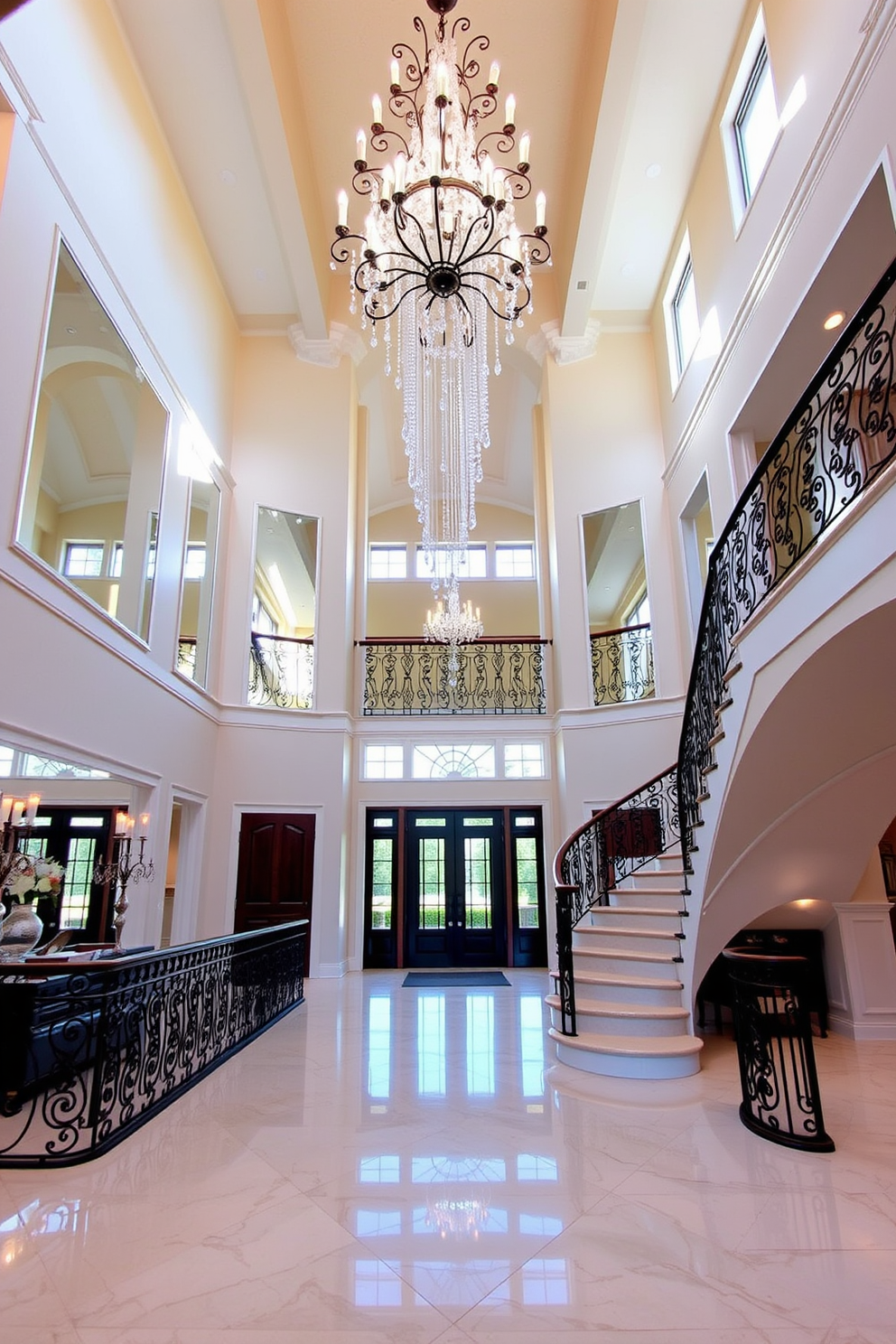 A grand two-story foyer featuring a stunning chandelier that cascades from the ceiling. The walls are adorned with mirrored accents that reflect natural light and create an inviting atmosphere. A sweeping staircase with elegant wrought iron railings curves gracefully to the upper level. The floor is laid with polished marble tiles that enhance the sense of luxury and openness in the space.