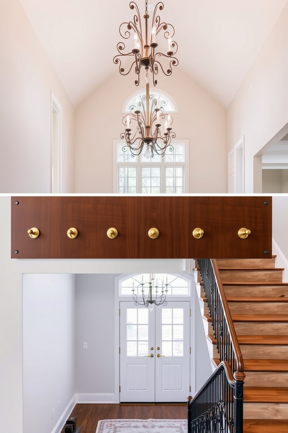 Stylish coat hooks for functionality. The hooks are made of brushed brass and are mounted on a sleek wooden panel, creating a modern yet warm entryway. Two story foyer design ideas. The space features a grand chandelier hanging from a vaulted ceiling, with a stunning staircase that showcases intricate wrought iron railings.