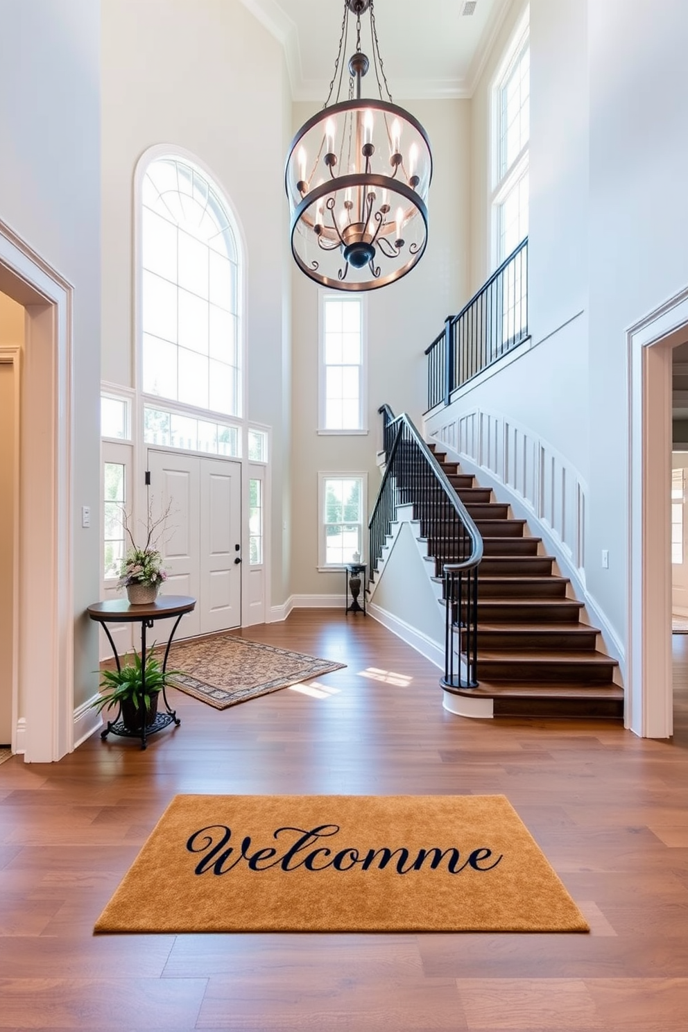 A personalized welcome mat is placed at the entrance, featuring a family name in elegant script. The foyer is bright and inviting, with high ceilings and a grand chandelier that draws the eye upward. The two-story foyer boasts a sweeping staircase with a stylish railing, creating a focal point in the space. Large windows allow natural light to flood in, illuminating the warm wood tones of the flooring and the soft color palette of the walls.