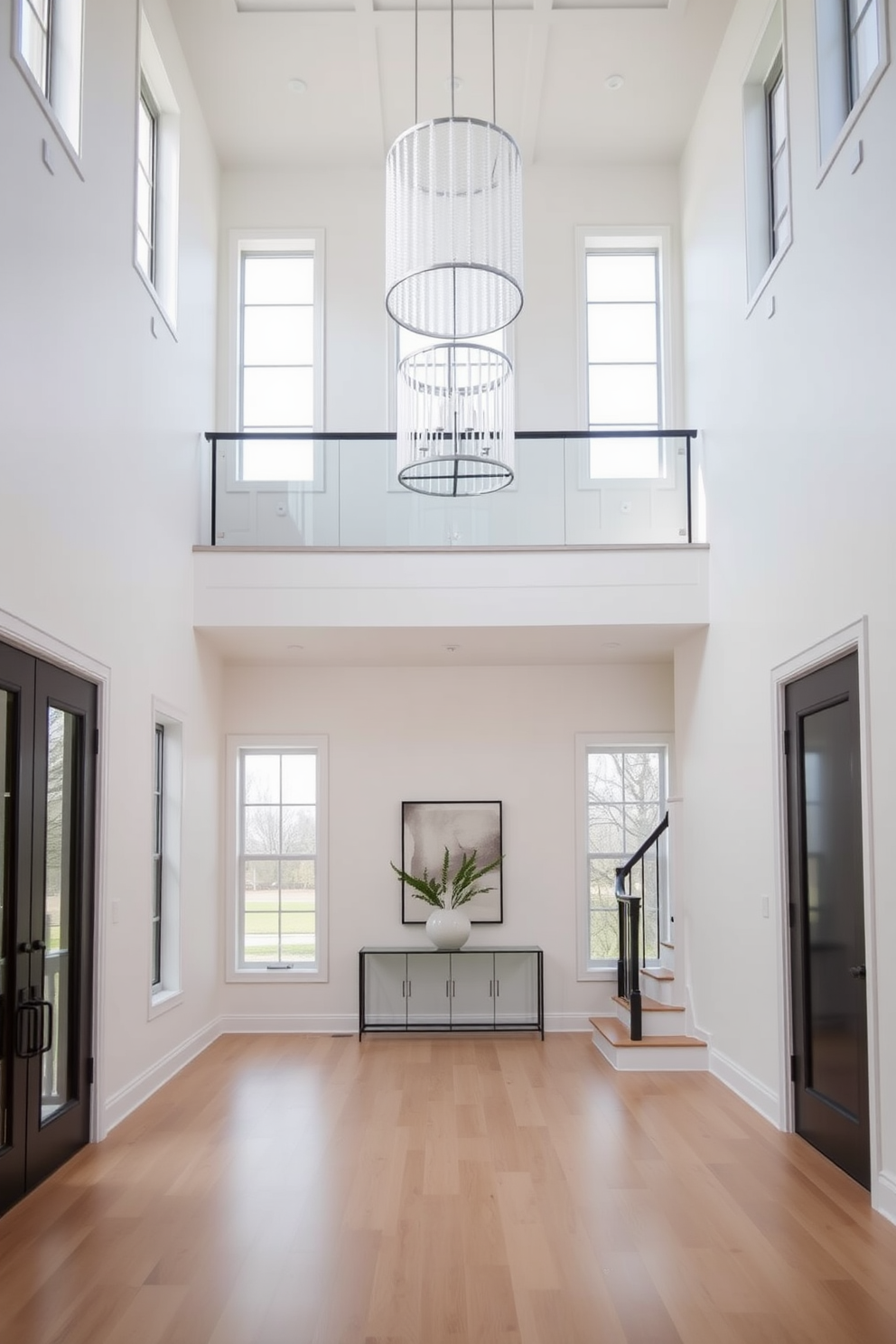 A spacious two story foyer with high ceilings and an abundance of natural light. The walls are painted in a soft white, and a sleek staircase with a glass railing leads to the upper level. A large statement chandelier hangs from the ceiling, adding elegance to the space. A minimalist console table with a simple vase of greenery sits against one wall, creating a welcoming atmosphere. The flooring is a polished light wood that complements the overall design. Large windows on either side of the foyer allow for an airy and open feel.