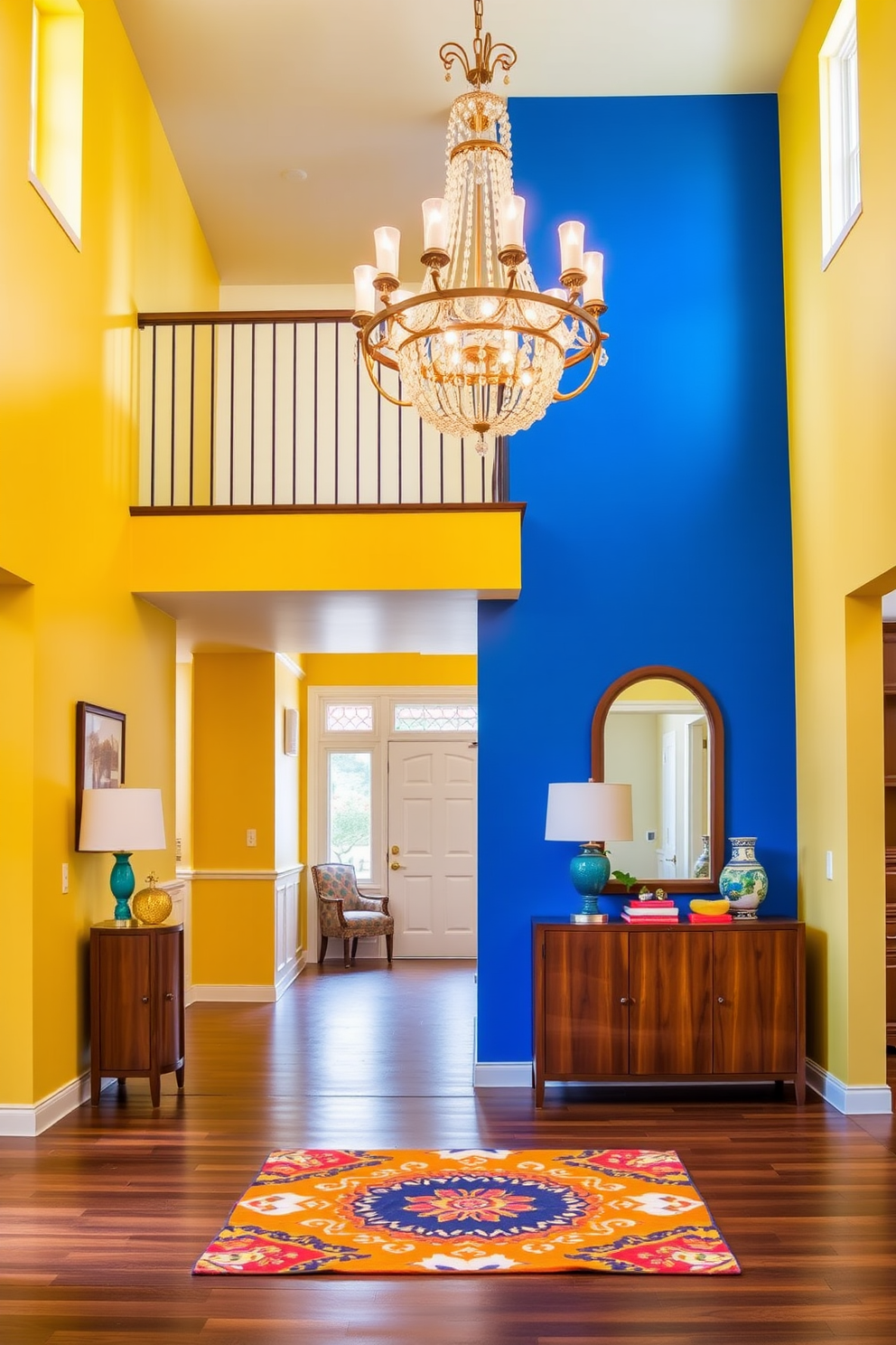 A bright and airy two story foyer welcomes guests with its vibrant color palette. The walls are painted in a sunny yellow, complemented by a bold blue accent wall that adds depth and energy to the space. A grand chandelier hangs from the ceiling, casting a warm glow over the foyer. A stylish console table in a rich wood finish sits against one wall, adorned with colorful decorative objects and a large mirror that reflects the cheerful ambiance.