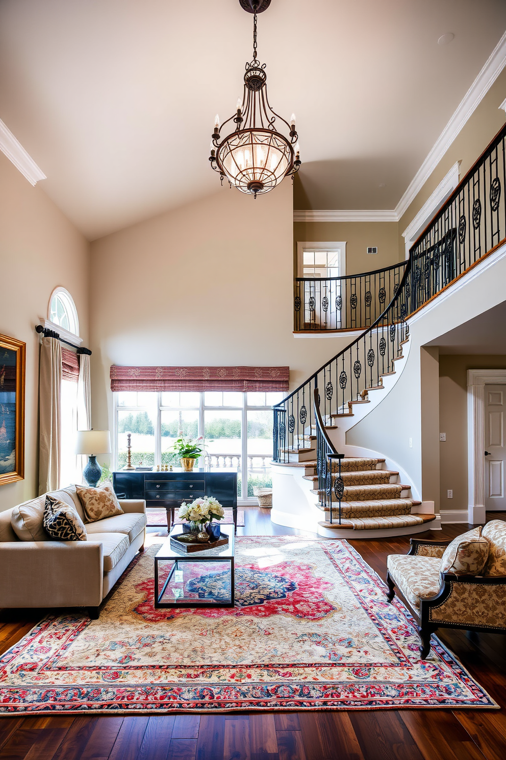 Layered rugs in a cozy living room create a warm and inviting atmosphere. The combination of different textures and patterns adds depth to the space while enhancing the overall aesthetic. A grand two-story foyer welcomes guests with elegance and style. The high ceiling features a stunning chandelier, and a sweeping staircase is framed by decorative railings, creating a striking focal point.