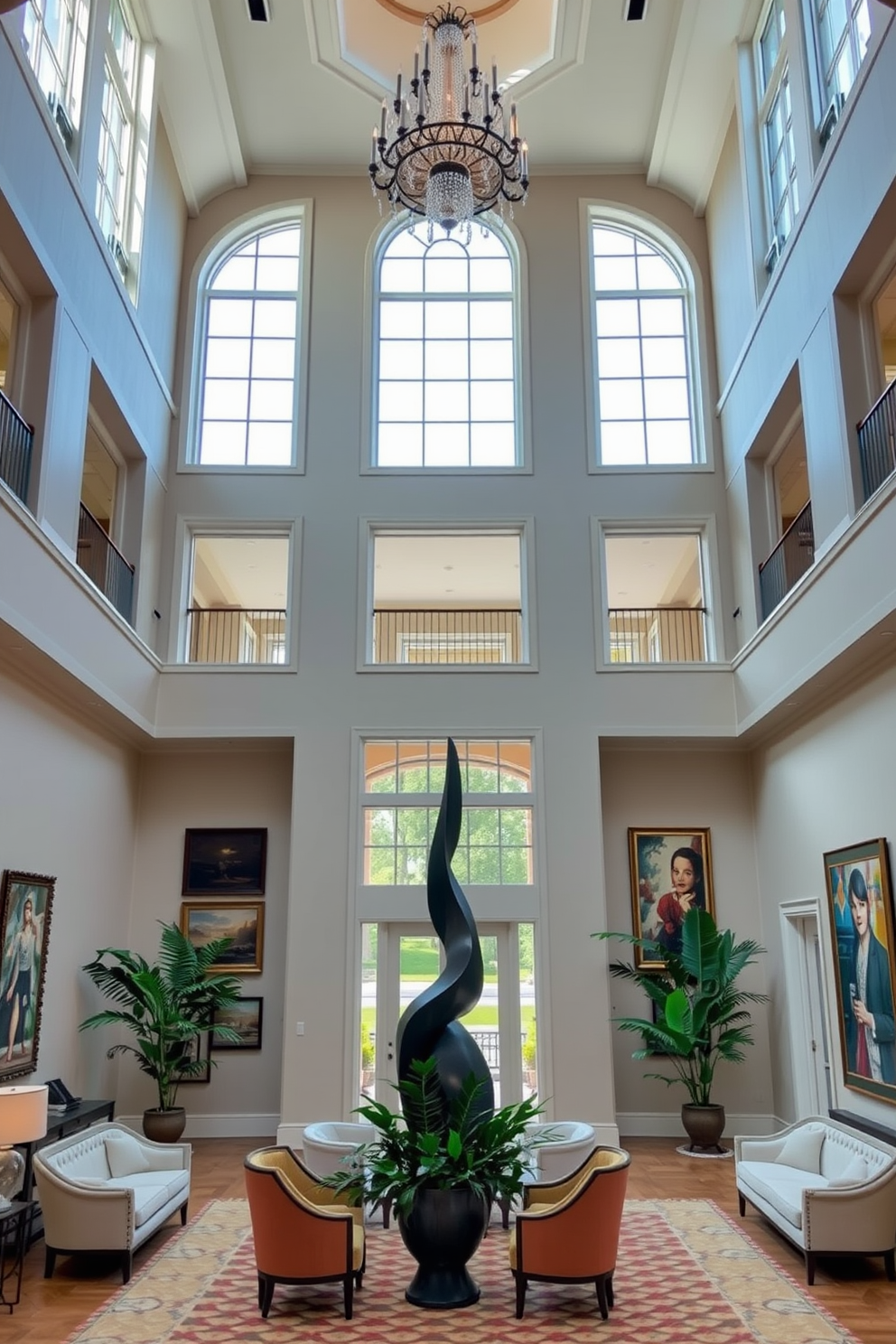 A stunning foyer featuring a grand two-story ceiling with large windows that allow natural light to flood the space. The focal point is a unique sculpture positioned in the center, surrounded by elegant seating and vibrant greenery. The walls are adorned with tasteful artwork that complements the sculpture, creating an inviting atmosphere. A stylish chandelier hangs from the ceiling, adding a touch of luxury and enhancing the overall ambiance of the foyer.