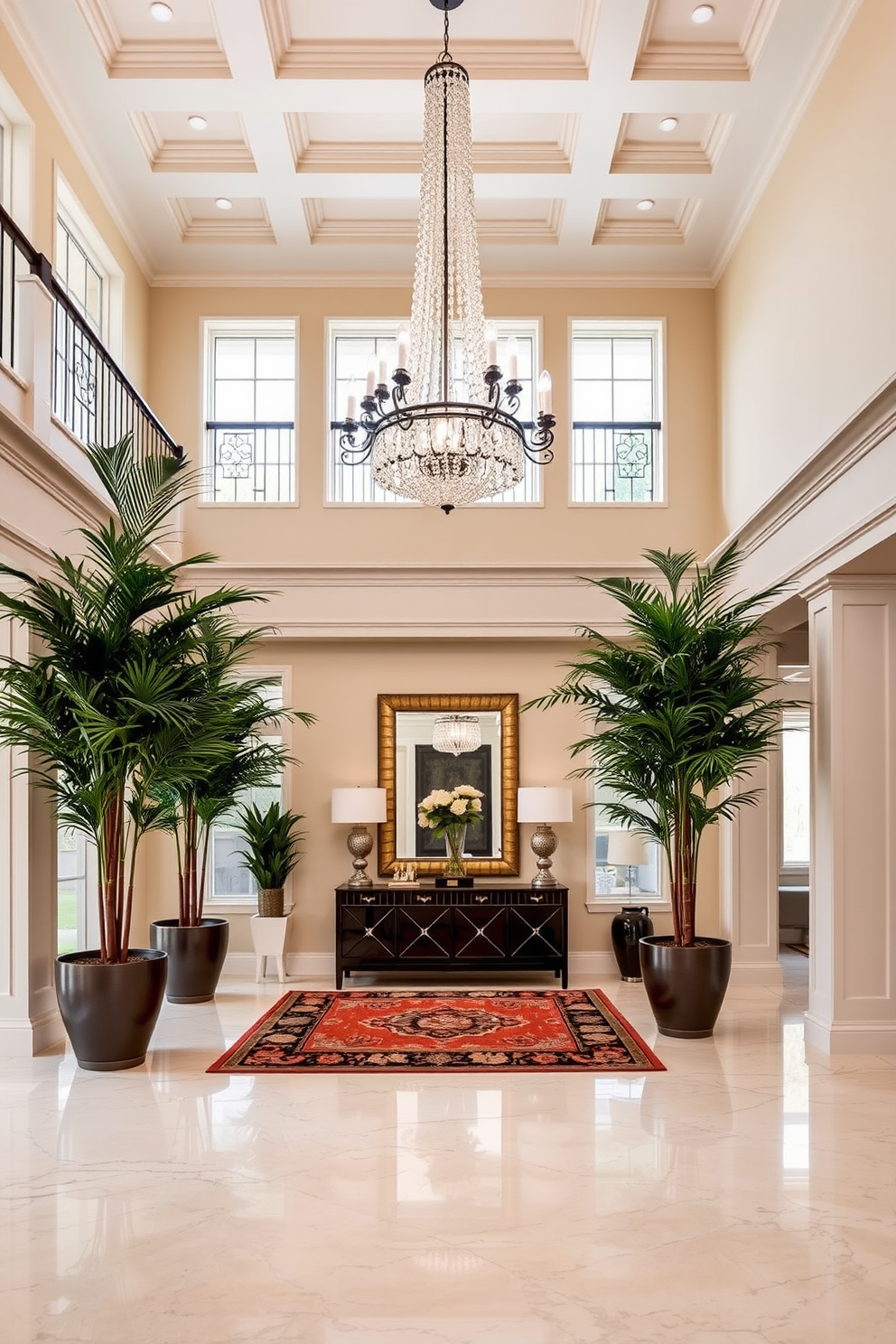 A grand two story foyer featuring tall potted plants flanking the entrance. The space is illuminated by a stunning chandelier that hangs from a coffered ceiling, creating an inviting atmosphere. The foyer is adorned with a large area rug that adds warmth and texture to the polished marble floor. A stylish console table is positioned against one wall, decorated with elegant accents and a large mirror above it.