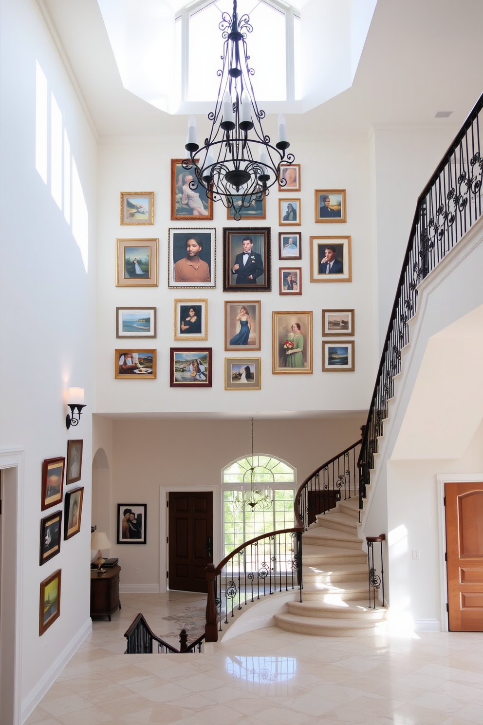 A stunning artwork gallery wall featuring a mix of framed paintings and photographs in various sizes. The wall is painted in a soft white to enhance the colors of the artwork and is complemented by stylish sconces for ambient lighting. The two-story foyer boasts a grand staircase with elegant wrought iron railings. Natural light floods the space through a large chandelier that hangs from the high ceiling, illuminating the beautiful marble floor below.