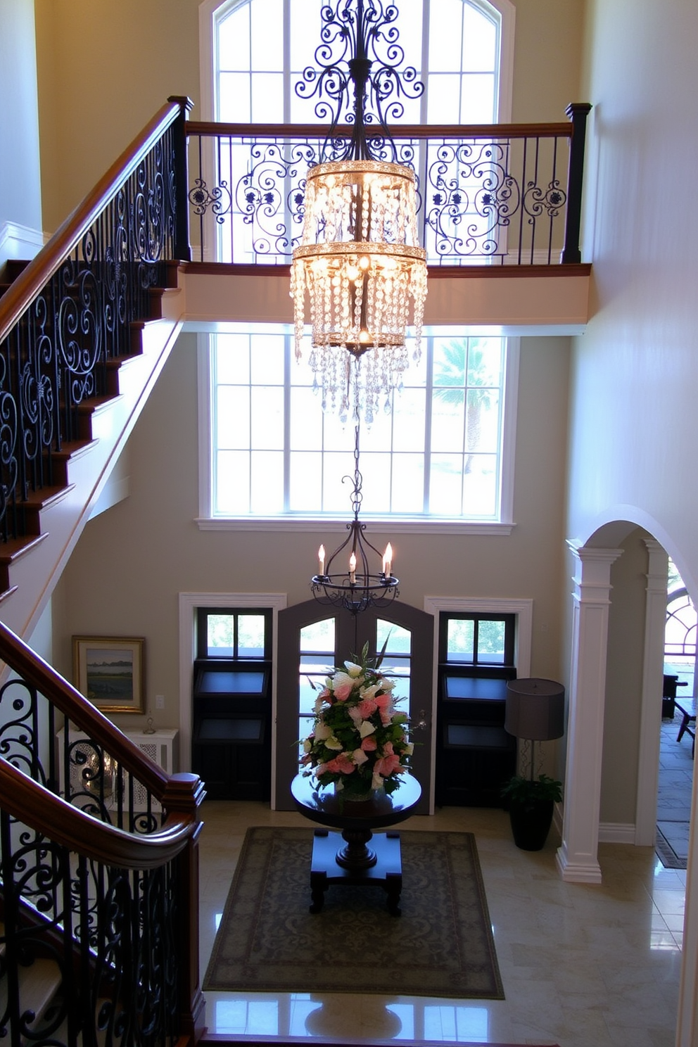 An elegant staircase railing design features intricate wrought iron details with a polished wood handrail that complements the surrounding decor. The staircase is illuminated by a stunning chandelier that cascades light down to the foyer below. The two story foyer design showcases a grand entrance with high ceilings and large windows that allow natural light to flood the space. A statement piece, such as a large floral arrangement or an artistic sculpture, serves as a focal point in the center of the foyer.