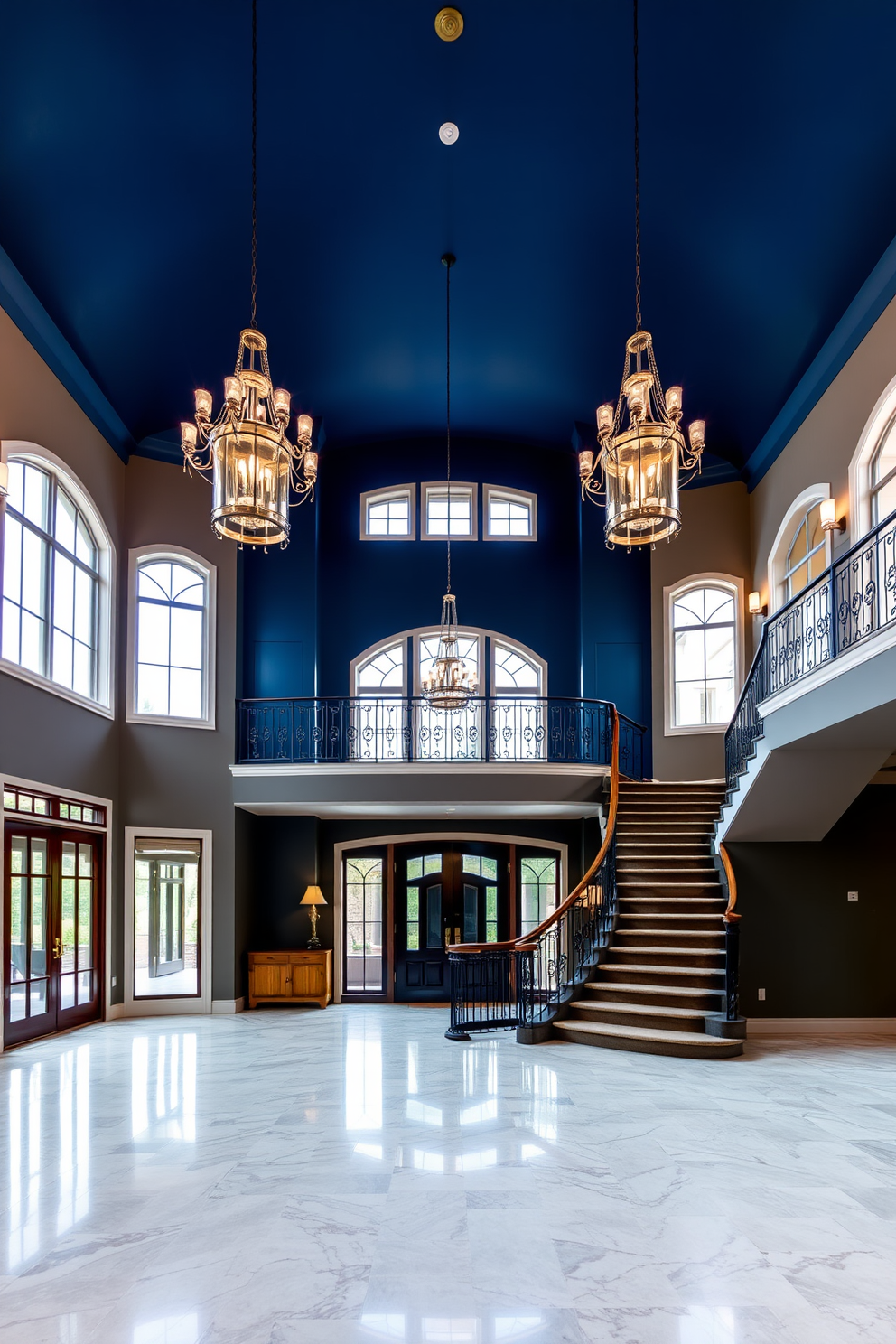 A grand two story foyer with a bold accent wall showcasing a deep navy blue color. Elegant chandeliers hang from the ceiling, illuminating the space and enhancing the dramatic effect of the high ceilings. The floor features a polished marble finish, leading to a sweeping staircase with intricate wrought iron railings. Large windows on either side allow natural light to flood in, creating a warm and inviting atmosphere.