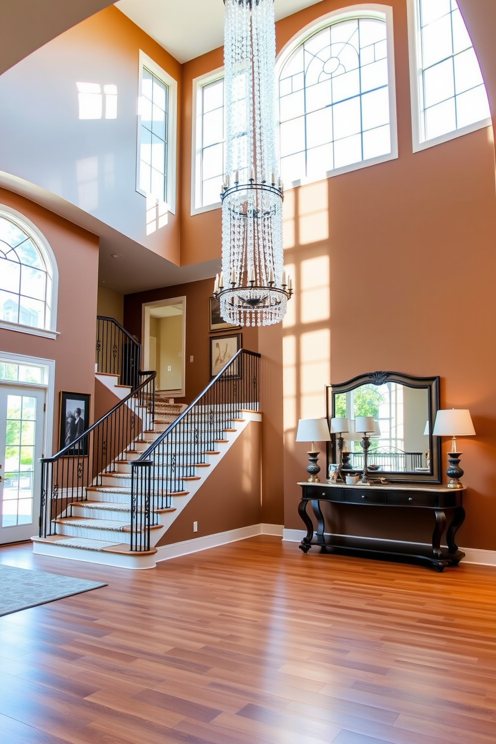 A grand two story foyer bathed in natural light from expansive floor to ceiling windows. The space features a stunning chandelier that cascades down from the high ceiling, illuminating the elegant staircase with wrought iron railings. The walls are adorned with tasteful artwork and a rich color palette that complements the warm wood flooring. A stylish console table sits against one wall, topped with decorative accents and a large mirror reflecting the beauty of the entrance.