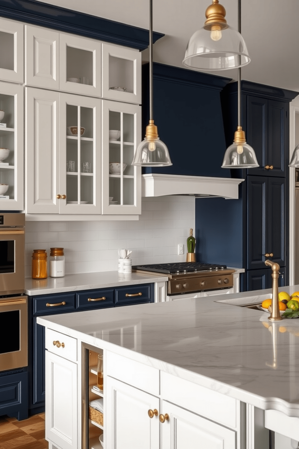 Classic white and navy blue cabinets create a timeless and elegant kitchen atmosphere. The white upper cabinets provide a bright contrast to the rich navy blue lower cabinets, enhancing the overall aesthetic. The kitchen features a large central island with white cabinetry, topped with a stunning marble countertop. Stylish brass hardware adds a touch of sophistication, while pendant lights hang gracefully above the island, illuminating the space.