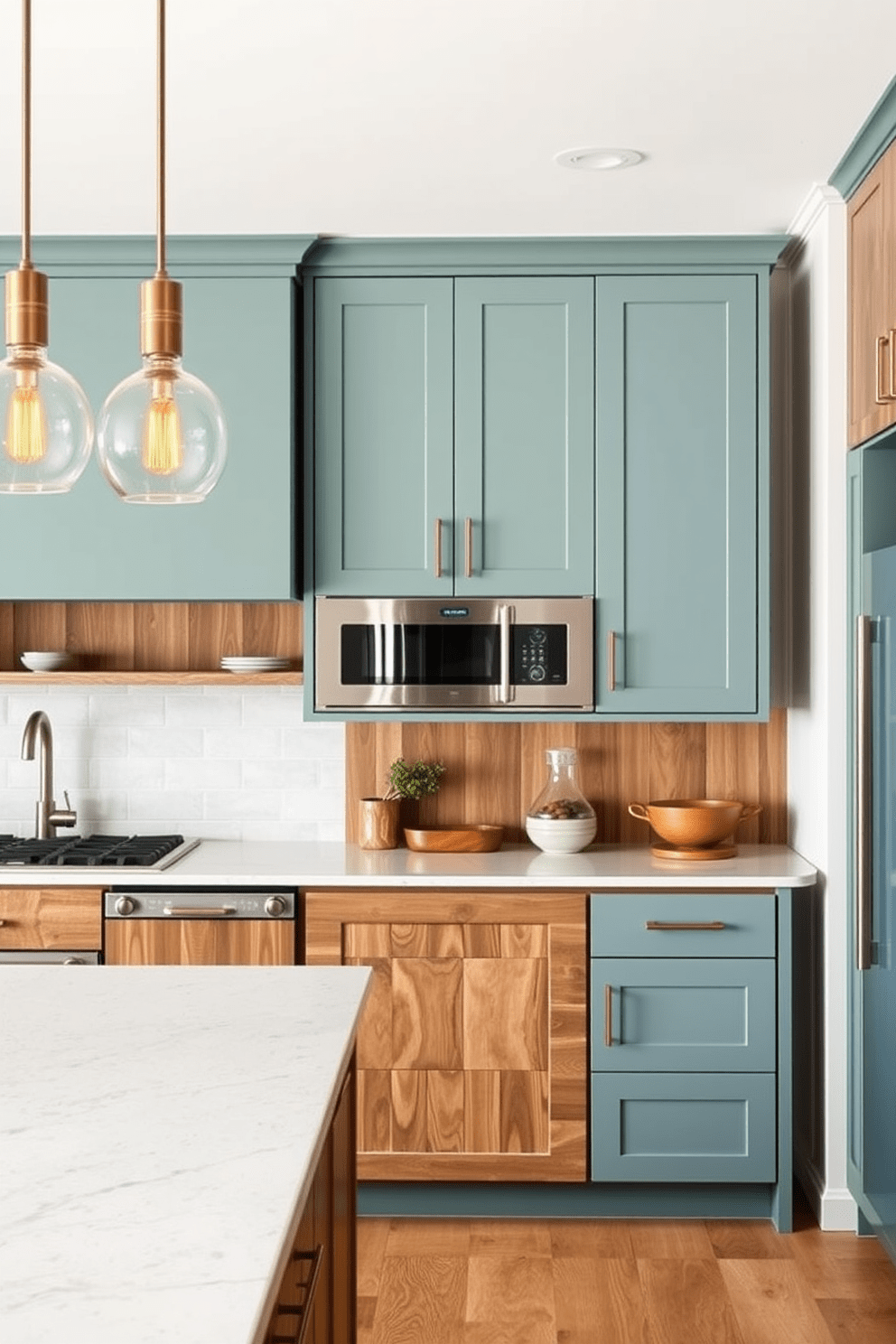 A modern kitchen featuring muted teal cabinetry paired with natural wood finishes. The upper cabinets are a soft teal, while the lower cabinets showcase rich wood tones, creating a harmonious two-tone effect. The kitchen island is topped with a light-colored quartz countertop that complements the cabinetry. Pendant lights with warm tones hang above the island, adding a touch of elegance to the space.