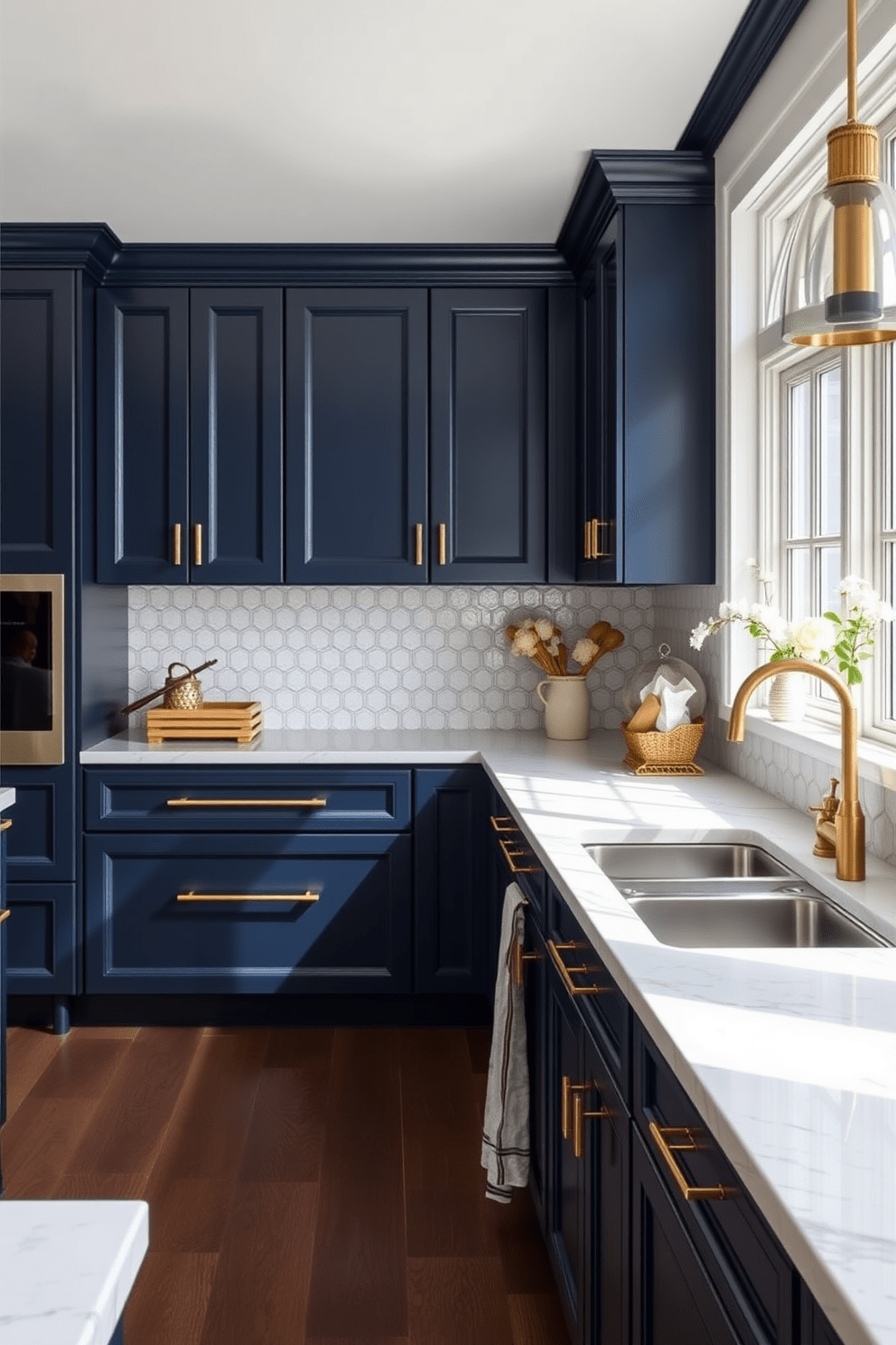 A stunning two tone kitchen design featuring elegant navy cabinetry complemented by gold hardware accents. The kitchen island showcases a white marble countertop that contrasts beautifully with the rich navy tones of the cabinets. The backsplash is adorned with intricate white tiles that add texture and depth to the space. Natural light floods in through large windows, highlighting the sleek appliances and inviting atmosphere of the kitchen.