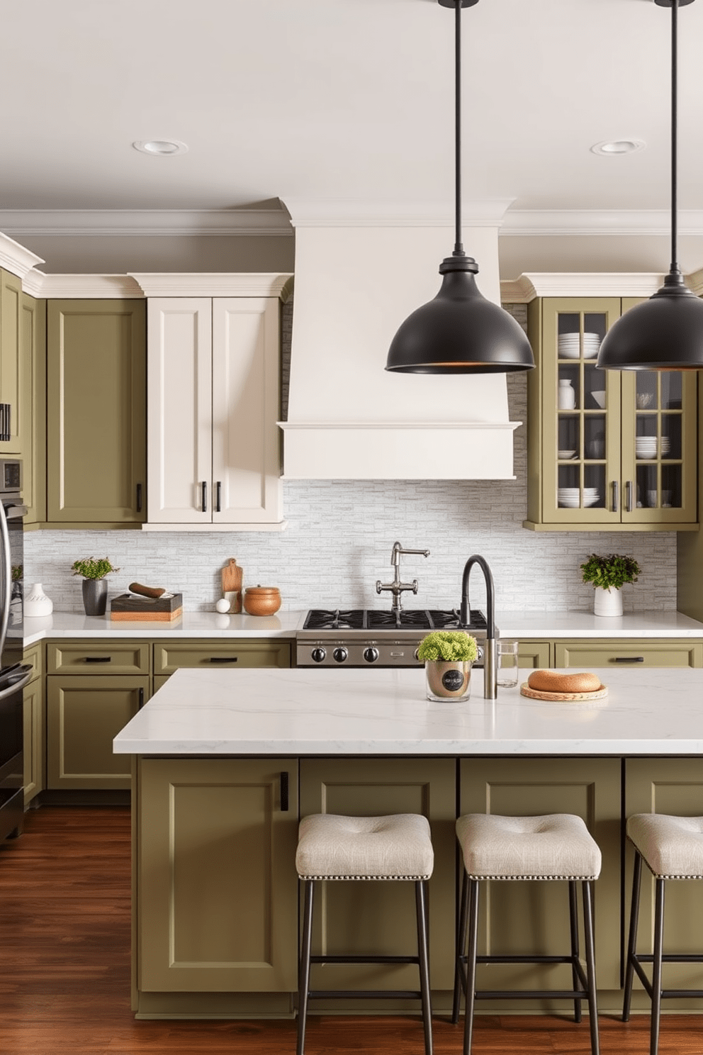 A contemporary kitchen featuring a two-tone design with earthy olive green cabinets paired with soft ivory upper cabinets. The countertops are a light quartz, and the backsplash is a subtle mosaic of white and green tiles, adding texture to the space. In the center, a large kitchen island with olive green cabinetry includes bar stools upholstered in a neutral fabric. Pendant lights with a matte black finish hang above the island, providing a modern touch to the warm color palette.