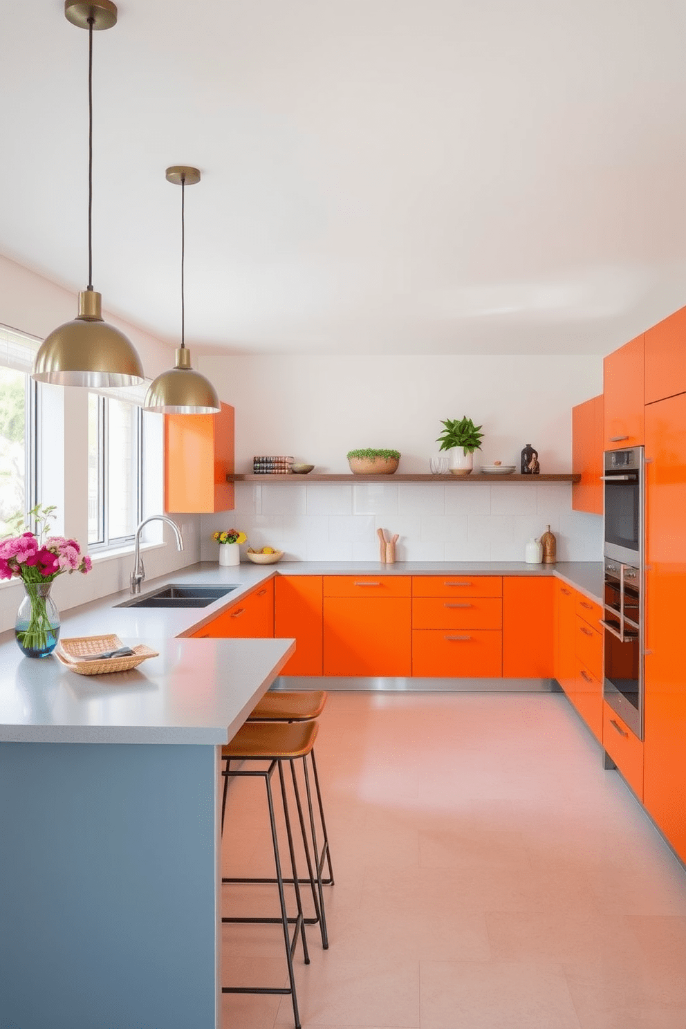 A vibrant two tone kitchen featuring bold orange cabinetry paired with sleek cool gray countertops. The space is illuminated by modern pendant lights, and an island with bar stools creates a welcoming gathering area.