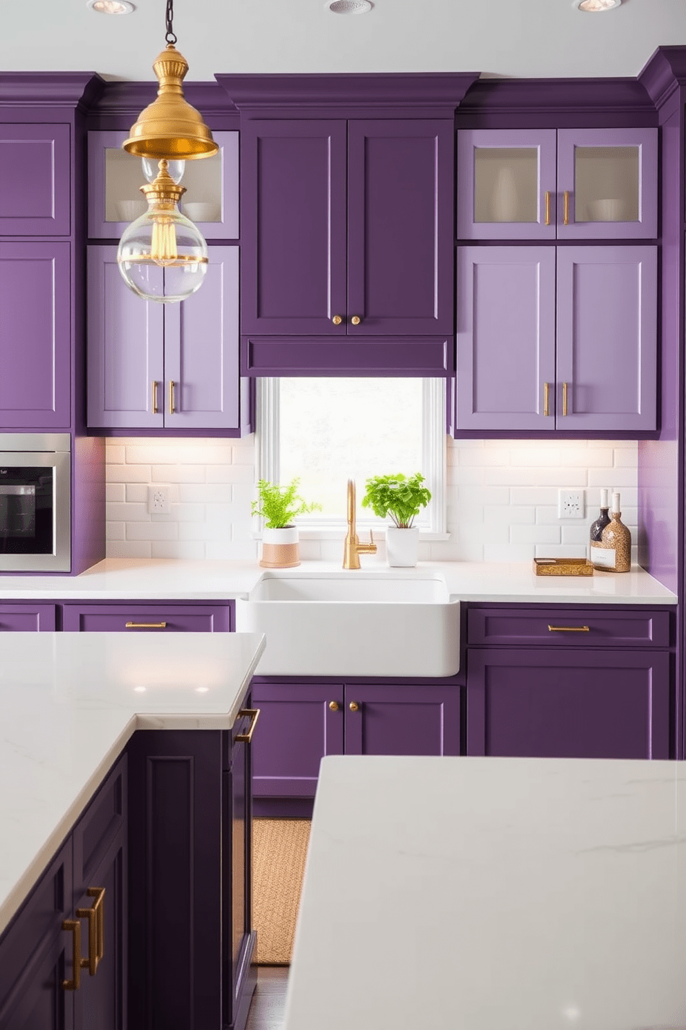 A stunning two-tone kitchen featuring deep purple cabinetry paired with light lavender upper cabinets. The countertops are a sleek white quartz, and pendant lights with gold accents hang above the spacious island. The backsplash showcases a glossy white subway tile that complements the cabinetry. A large farmhouse sink sits beneath a window, with fresh herbs displayed on the sill for a touch of greenery.