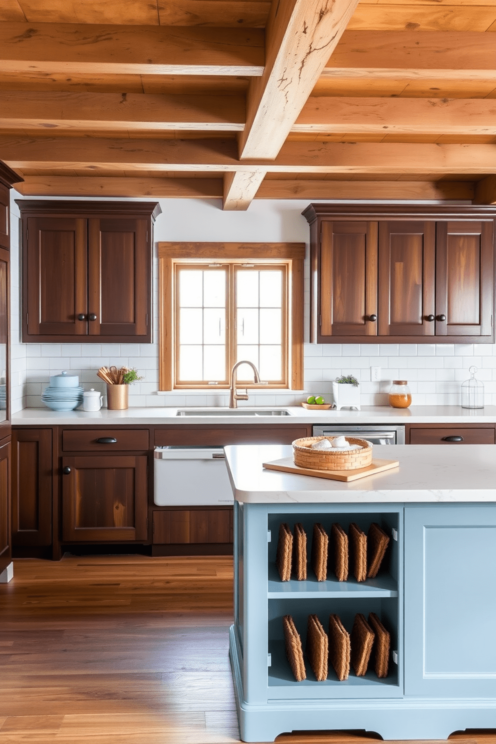 A rustic kitchen setting features a two-tone design with deep brown cabinetry and pale blue accents. The wooden beams on the ceiling complement the warm tones of the cabinets, while the pale blue island adds a refreshing contrast. The countertops are made of a light-colored stone, enhancing the overall brightness of the space. Open shelving displays rustic dishware, and a farmhouse sink sits beneath a window, allowing natural light to flood the room.