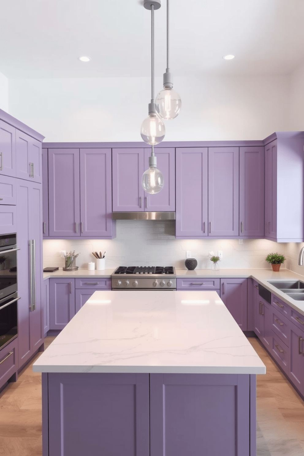 A modern kitchen featuring soft lavender and pale gray tones. The cabinets are a rich lavender with sleek gray countertops, creating a harmonious balance of color. A large kitchen island stands at the center, topped with a white quartz surface that complements the cabinetry. Stylish pendant lights hang above the island, adding a touch of elegance to the space.