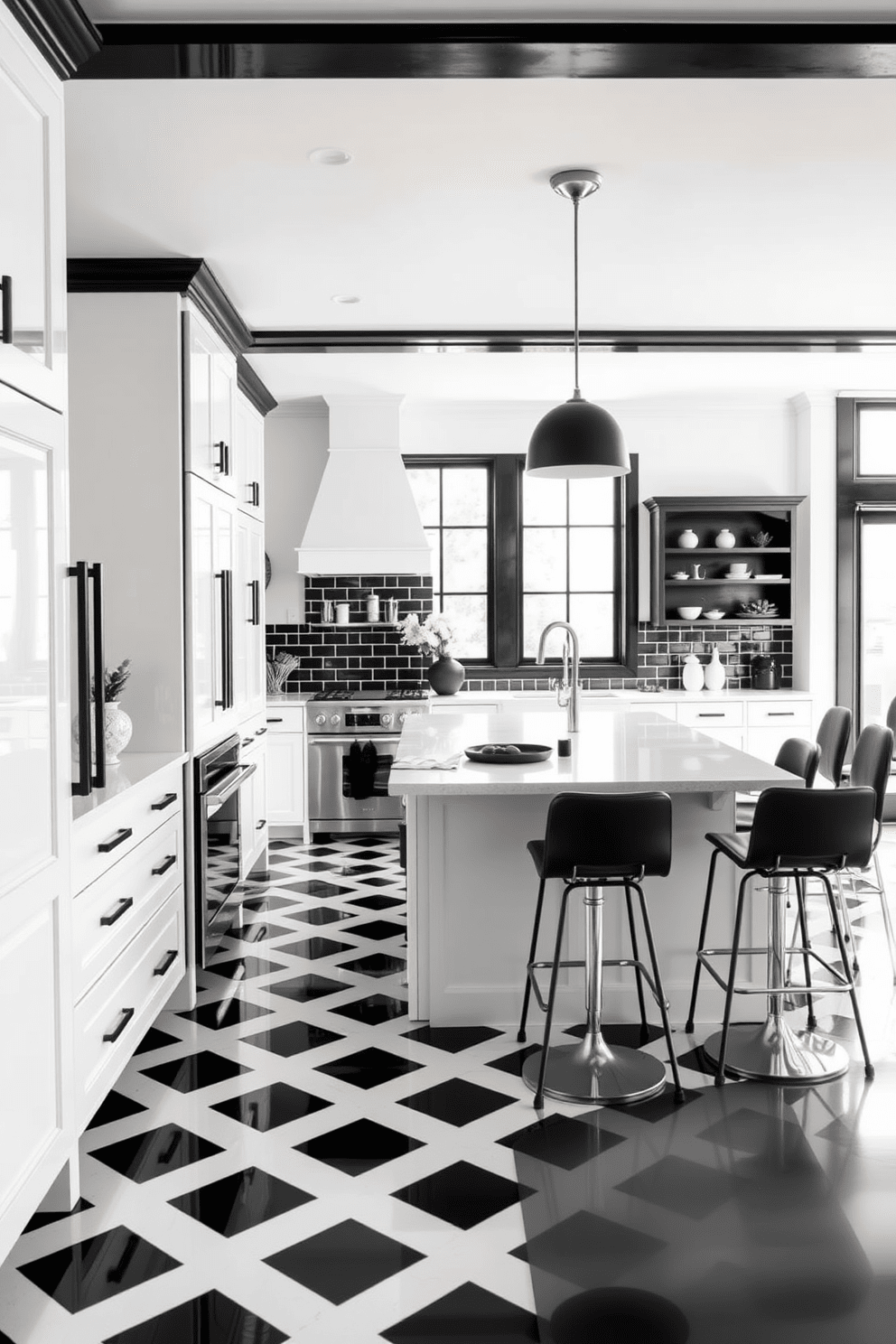 A classic black and white checkerboard kitchen design features a bold black and white tiled floor that creates a striking visual impact. The cabinetry is sleek and modern, with glossy white doors and black hardware that complement the floor beautifully. The kitchen island is a central feature, topped with a white quartz countertop and surrounded by stylish bar stools. Large windows allow natural light to flood the space, highlighting the contrast between the black accents and white surfaces throughout the kitchen.