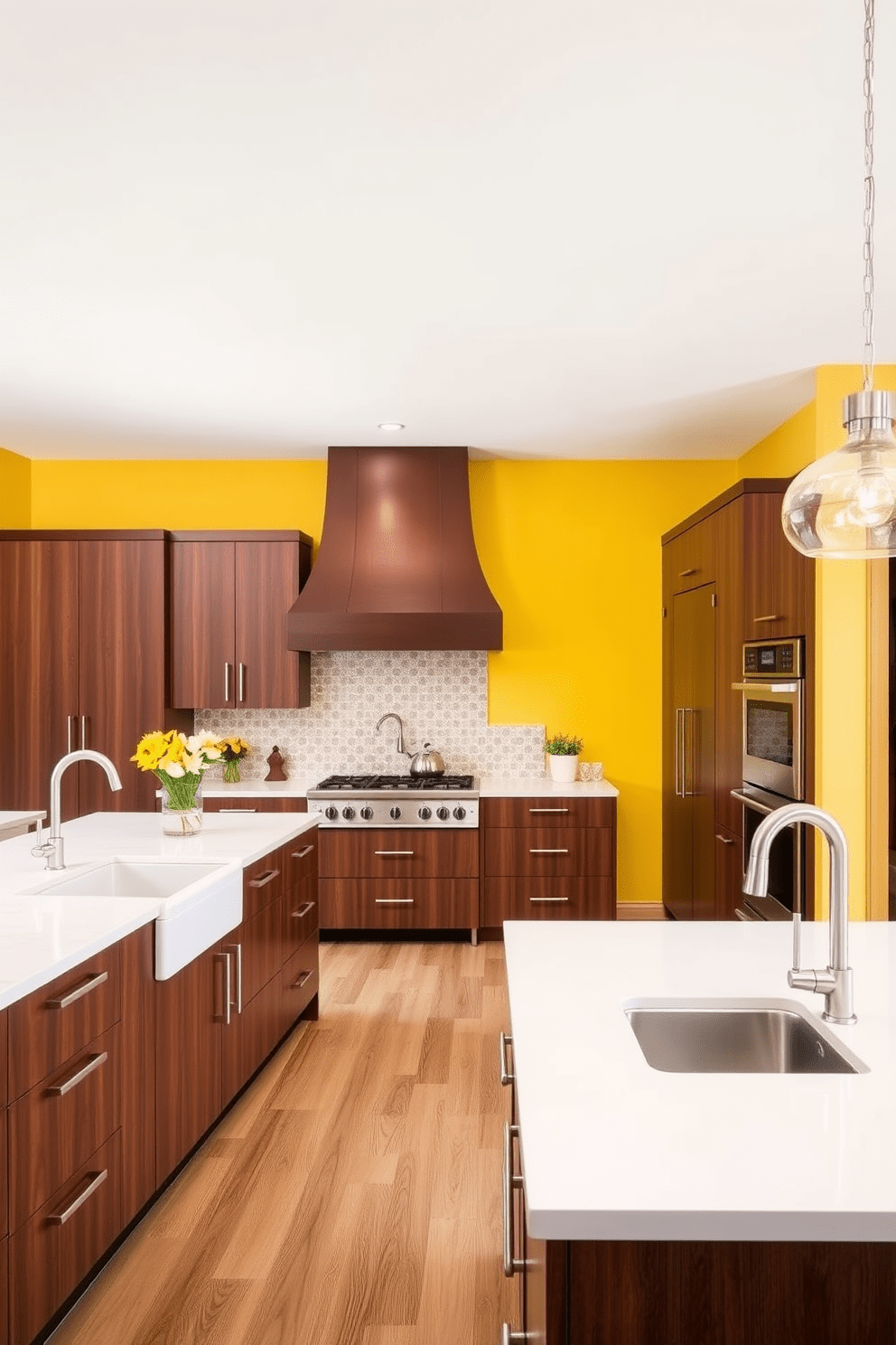 A sunny yellow kitchen with rich walnut cabinets creates a vibrant and inviting atmosphere. The cabinetry features sleek lines and modern hardware, complementing the cheerful yellow walls. In the center, a large island with a contrasting white countertop provides ample space for meal preparation and casual dining. Pendant lights hang above the island, adding a touch of elegance and warmth to the overall design.