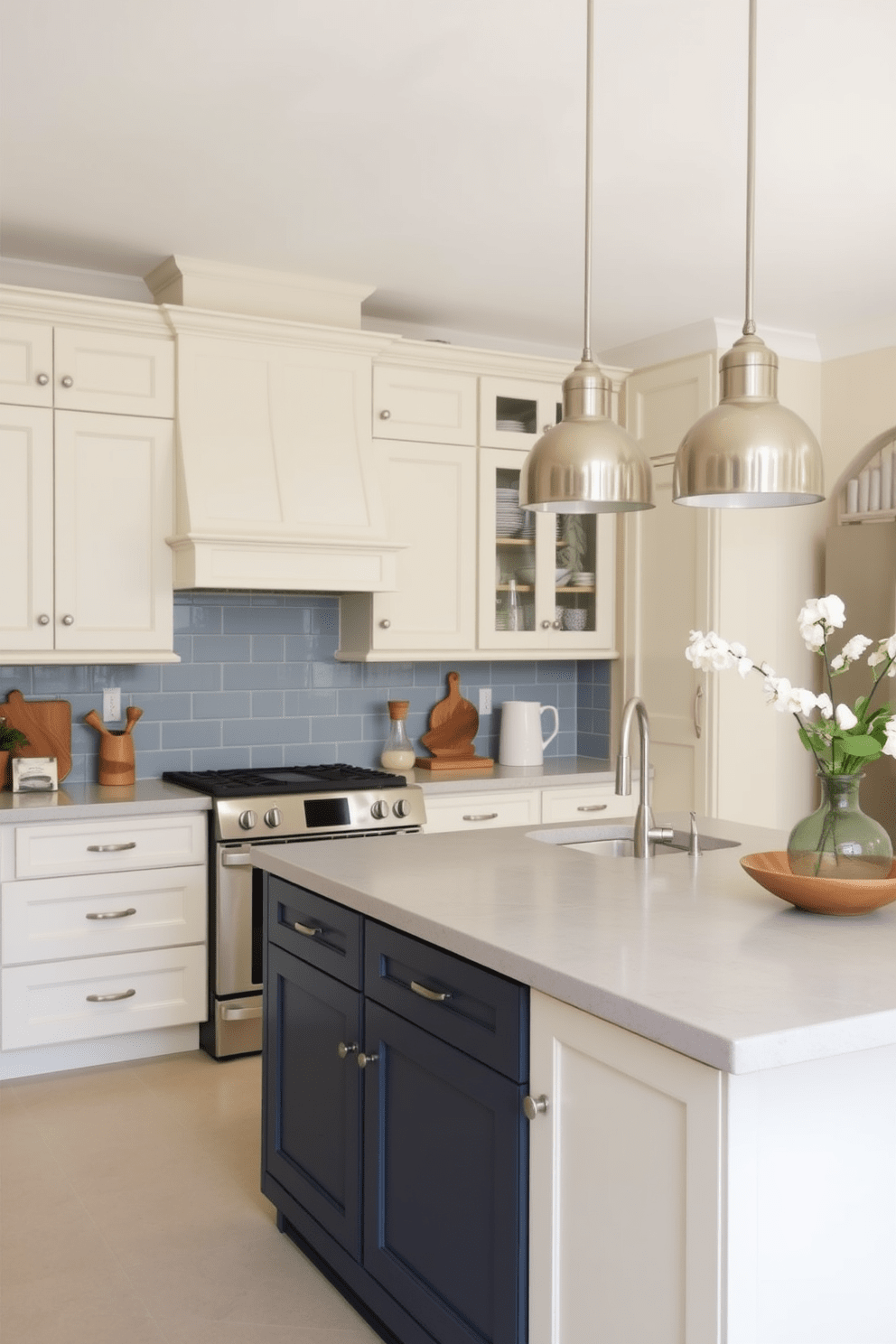 A warm cream kitchen with slate blue accents creates a cozy yet modern atmosphere. The cabinetry features a soft cream finish, while the slate blue island stands out as a focal point in the room. The countertops are a light gray stone that complements the cabinetry and island. Pendant lights with a brushed nickel finish hang above the island, adding a touch of elegance to the space.