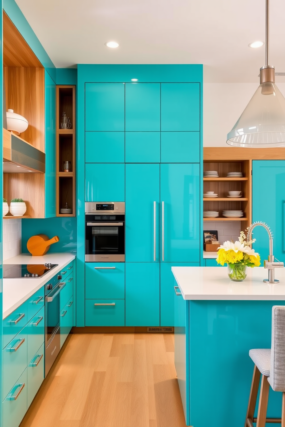 A bright turquoise kitchen with natural oak finishes creates a vibrant yet warm atmosphere. The cabinetry features a glossy turquoise hue, complemented by oak wood accents on the island and open shelving. The countertops are a smooth white quartz, providing a clean contrast to the bold cabinetry. A stylish pendant light hangs above the island, adding a touch of elegance to the space.