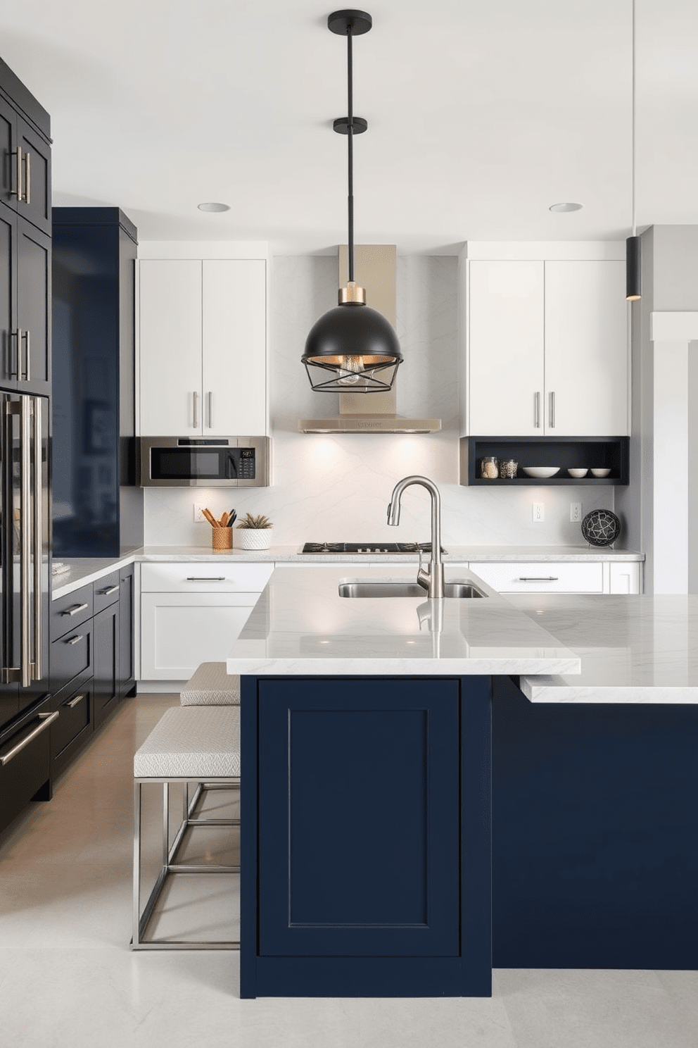 A modern kitchen featuring sleek black and brushed nickel fixtures. The cabinetry is a striking two-tone design, with deep navy blue on the lower cabinets and crisp white on the upper cabinets. The countertops are a light gray quartz with subtle veining, creating a sophisticated contrast. A large island with bar seating is the centerpiece, adorned with stylish pendant lights hanging above.