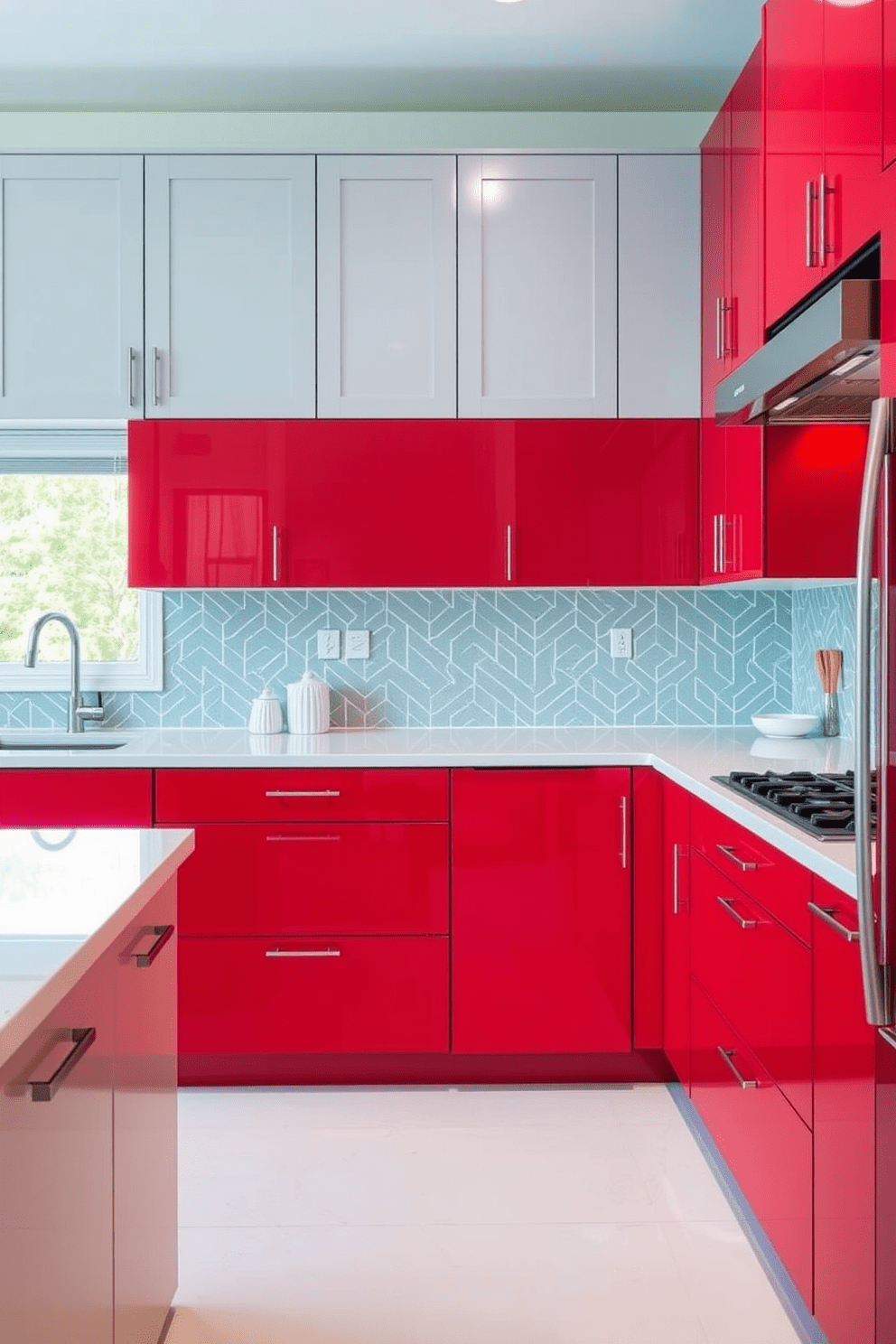 A modern two-tone kitchen featuring bold crimson lower cabinets paired with light gray upper cabinets. The countertops are a sleek white quartz, and a stylish backsplash in a geometric pattern adds visual interest.