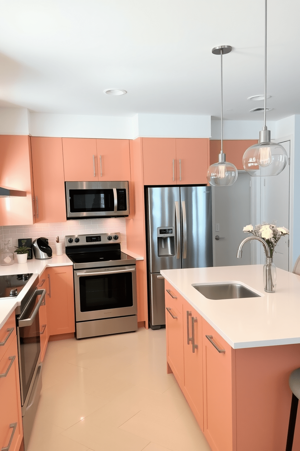 A modern kitchen design featuring a soft peach and creamy white color scheme. The cabinetry is a warm peach with sleek white countertops, complemented by stainless steel appliances and a stylish backsplash. The kitchen island showcases a smooth creamy white surface, providing ample space for meal preparation and casual dining. Pendant lights with a contemporary design hang above the island, adding a touch of elegance to the overall aesthetic.