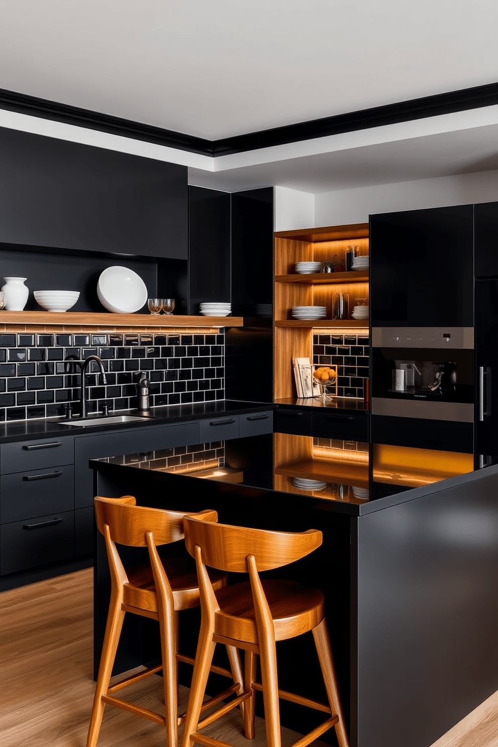 A modern kitchen featuring bold black cabinetry paired with warm wood accents. The kitchen island showcases a striking black countertop, complemented by stylish wooden bar stools. The walls are adorned with sleek black tiles, while warm wood shelves display elegant dishware. Ambient lighting highlights the rich textures, creating a welcoming and sophisticated atmosphere.