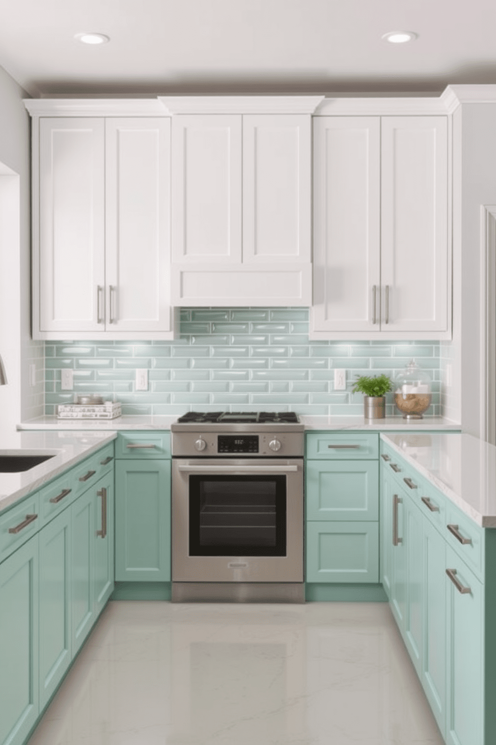 A cool mint green kitchen features sleek white cabinetry with modern handles and a spacious island at the center. The countertops are a clean white quartz, complemented by mint green backsplash tiles that create a fresh and inviting atmosphere.