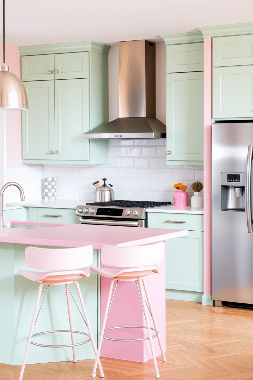 A contemporary kitchen featuring pastel pink and mint green accents. The cabinets are a soft mint green, while the kitchen island showcases a pastel pink countertop with stylish bar stools. The backsplash is adorned with white subway tiles that complement the color scheme. Sleek stainless steel appliances add a modern touch, enhancing the overall aesthetic of the space.