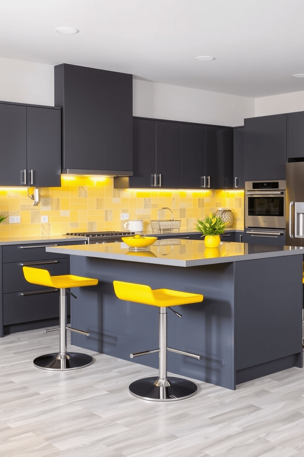 A modern kitchen featuring a charcoal gray cabinetry contrasted with bright yellow highlights throughout. The sleek countertops are complemented by yellow bar stools at a stylish island, creating a vibrant and inviting space. The backsplash showcases a geometric pattern in shades of gray and yellow, adding visual interest and depth. Stainless steel appliances seamlessly blend into the design, enhancing the contemporary feel of the kitchen.