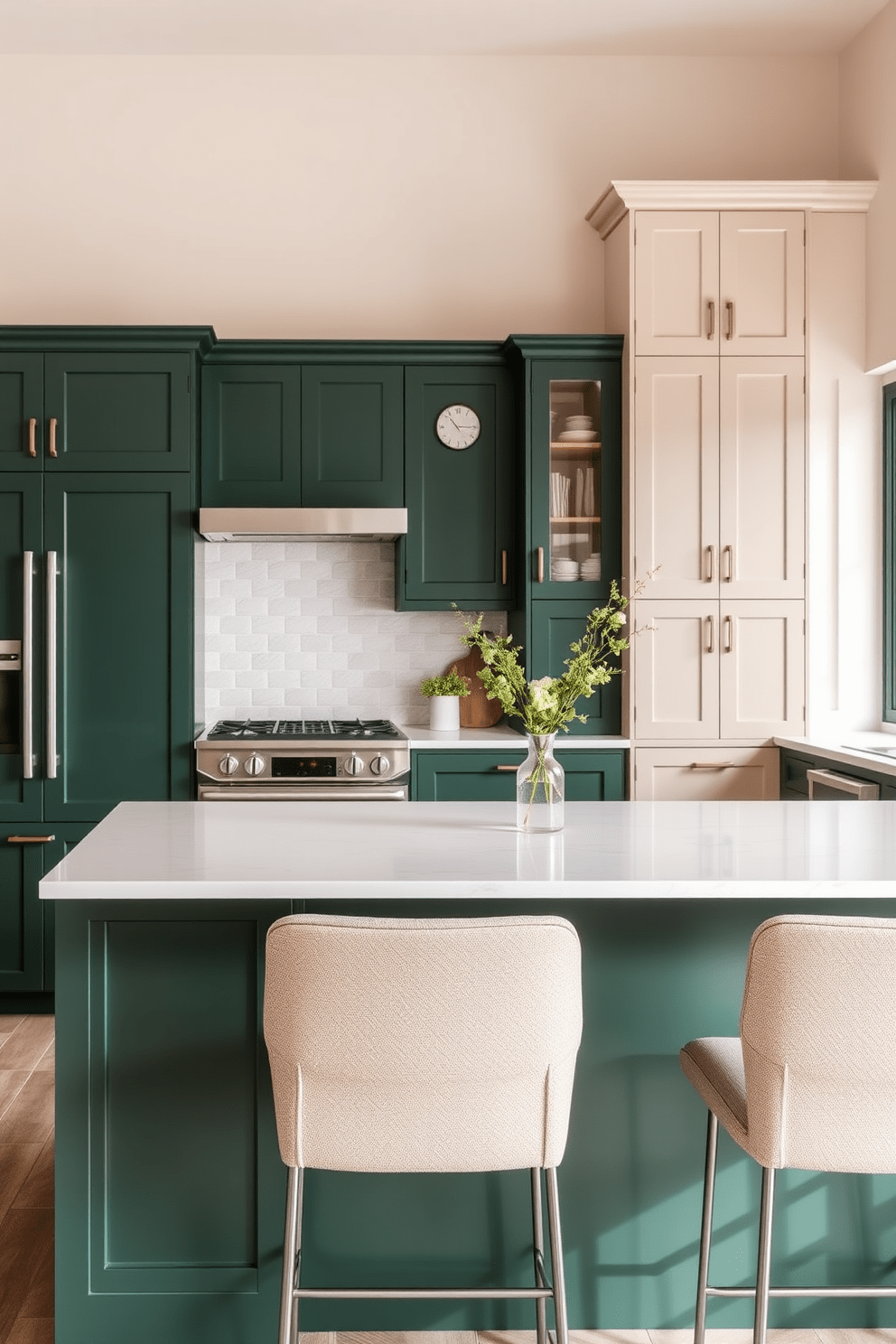 A modern kitchen featuring a light beige and deep forest green two-tone color scheme. The upper cabinets are a soft light beige, while the lower cabinets showcase a rich deep forest green, creating a striking contrast. The kitchen island is topped with a white quartz countertop that complements the cabinetry. Stylish bar stools in a neutral fabric line one side of the island, inviting casual dining and gatherings.