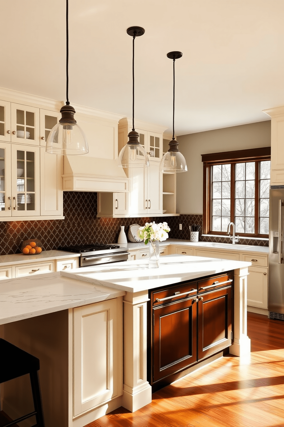 A stunning kitchen featuring creamy white cabinetry paired with rich chocolate brown accents. The island is topped with a sleek white marble countertop, while the backsplash showcases intricate brown tile work. Natural light floods the space through large windows, highlighting the warm tones of the wood flooring. Stylish pendant lights hang above the island, adding a touch of elegance to the overall design.