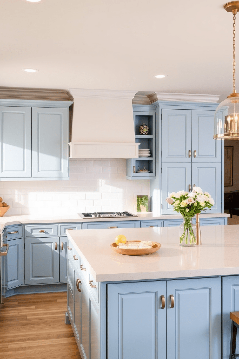 A modern kitchen design featuring a sky blue and sandy beige color scheme. The cabinetry is a soft sky blue with sandy beige countertops, creating a fresh and inviting atmosphere. The backsplash is adorned with white subway tiles that enhance the lightness of the space. A large island in the center offers additional sandy beige seating and storage, making it perfect for entertaining.