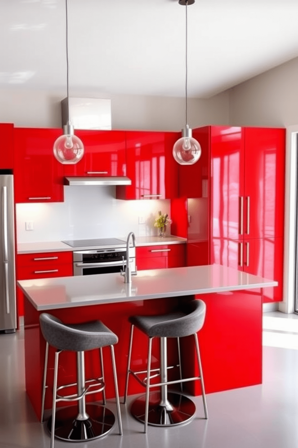 A modern kitchen featuring a bright red and soft gray color scheme. The cabinetry is a vibrant red, while the countertops and backsplash are a sleek soft gray, creating a striking contrast. The kitchen island is adorned with stylish bar stools in a coordinating gray fabric. Stainless steel appliances add a contemporary touch, and pendant lights hang elegantly above the island.