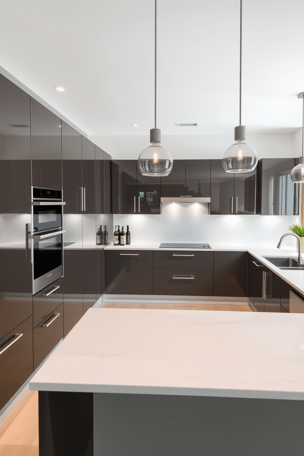 A sleek U-shaped kitchen featuring cabinetry with a high-gloss finish and integrated appliances for a seamless look. The countertops are made of polished quartz, and the space is illuminated by pendant lights hanging above the central island.