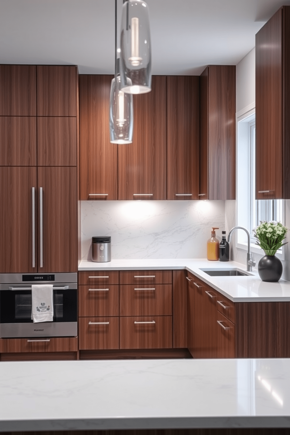 A U-shaped kitchen featuring sleek cabinetry in a rich walnut finish. Under-cabinet lighting casts a warm glow on the marble backsplash, enhancing the modern appliances and spacious countertop. The kitchen island is topped with a contrasting white quartz surface, providing additional workspace and seating. Pendant lights hang above the island, adding a stylish touch to the overall design.