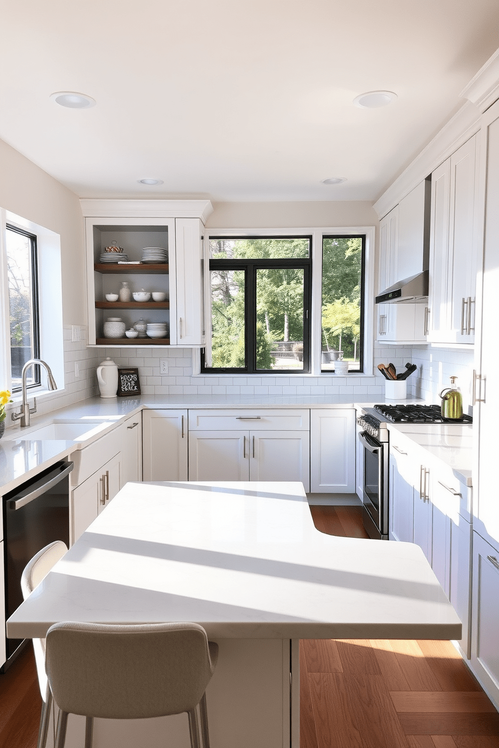 An inviting U-shaped kitchen features an L-shaped breakfast bar extension that seamlessly integrates with the main countertop. The space is adorned with sleek cabinetry in a soft white finish, complemented by a stylish backsplash of glossy subway tiles. The breakfast bar is accented with modern bar stools, providing a perfect spot for casual meals and gatherings. Natural light floods the kitchen through large windows, highlighting the polished quartz countertops and stainless steel appliances.