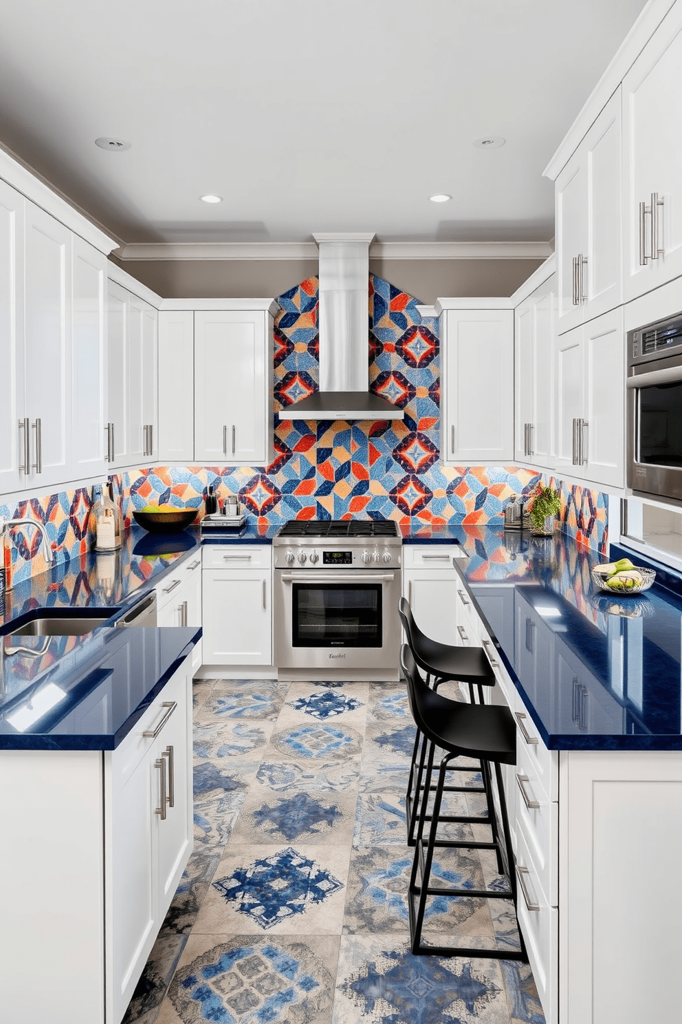 A U-shaped kitchen featuring bold tile patterns that add a unique flair. The cabinetry is a sleek white with brushed nickel hardware, and the countertops are a contrasting deep navy blue. The backsplash showcases an eye-catching geometric tile design in vibrant colors. A large island in the center provides additional workspace and seating, complemented by stylish bar stools.