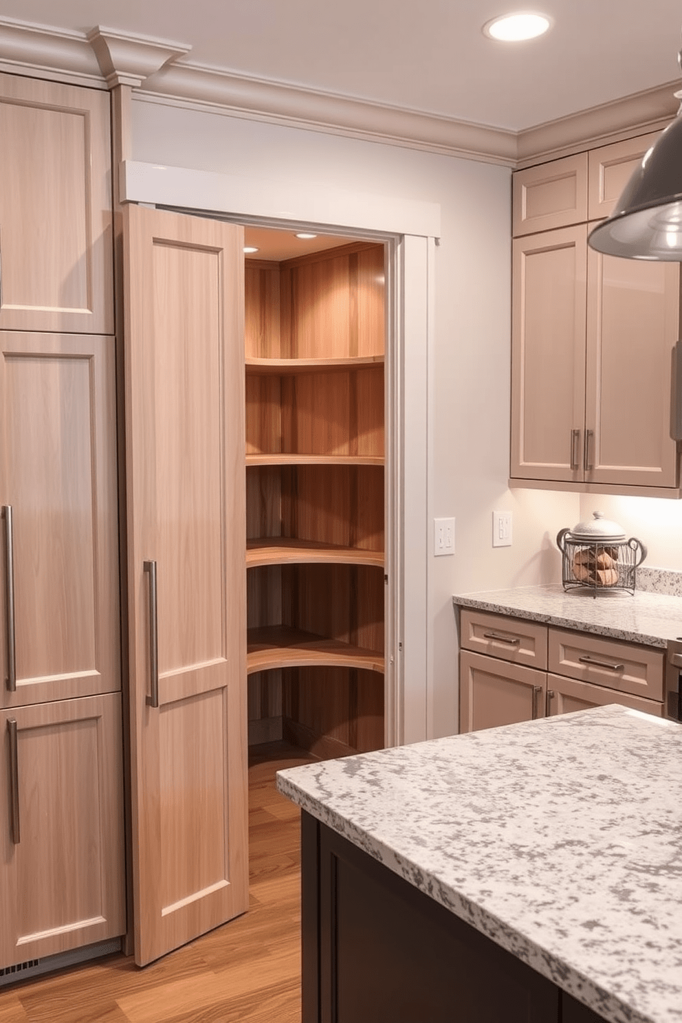 A space-saving corner pantry design features sleek wooden shelves that maximize vertical storage. The pantry door is a sliding style, allowing easy access while conserving kitchen space. The U-shaped kitchen design includes a central island with bar seating, surrounded by cabinetry on three sides. The countertops are a blend of granite and quartz, providing a durable and elegant work surface.